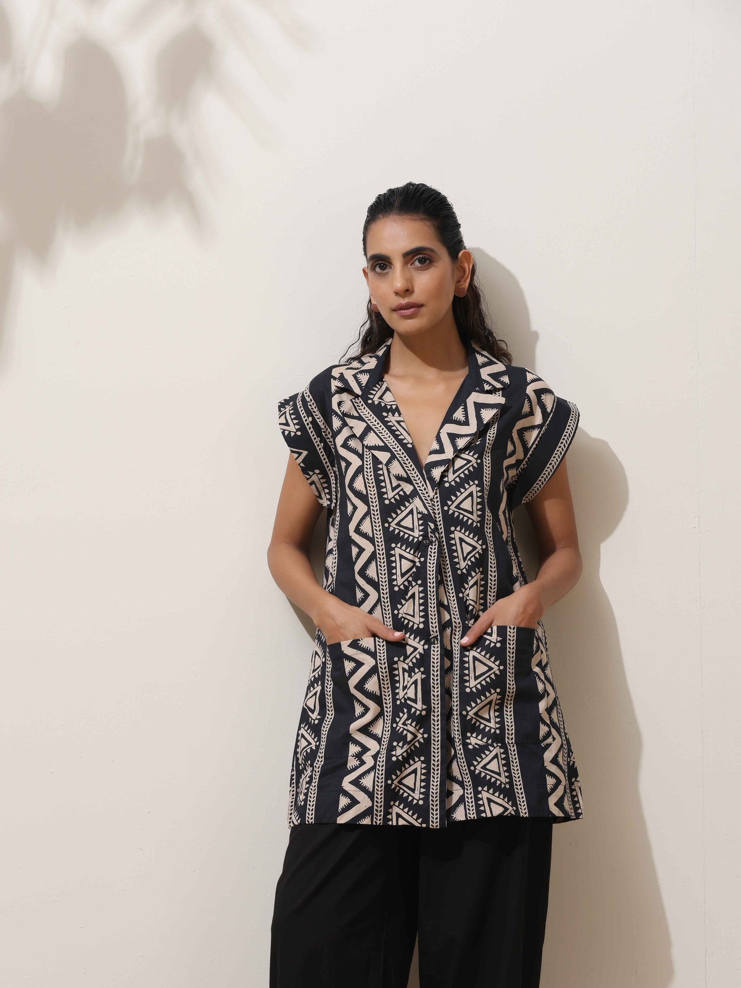 trueBrowns Beige Cotton Geometric Print Jacket Co-ord Set