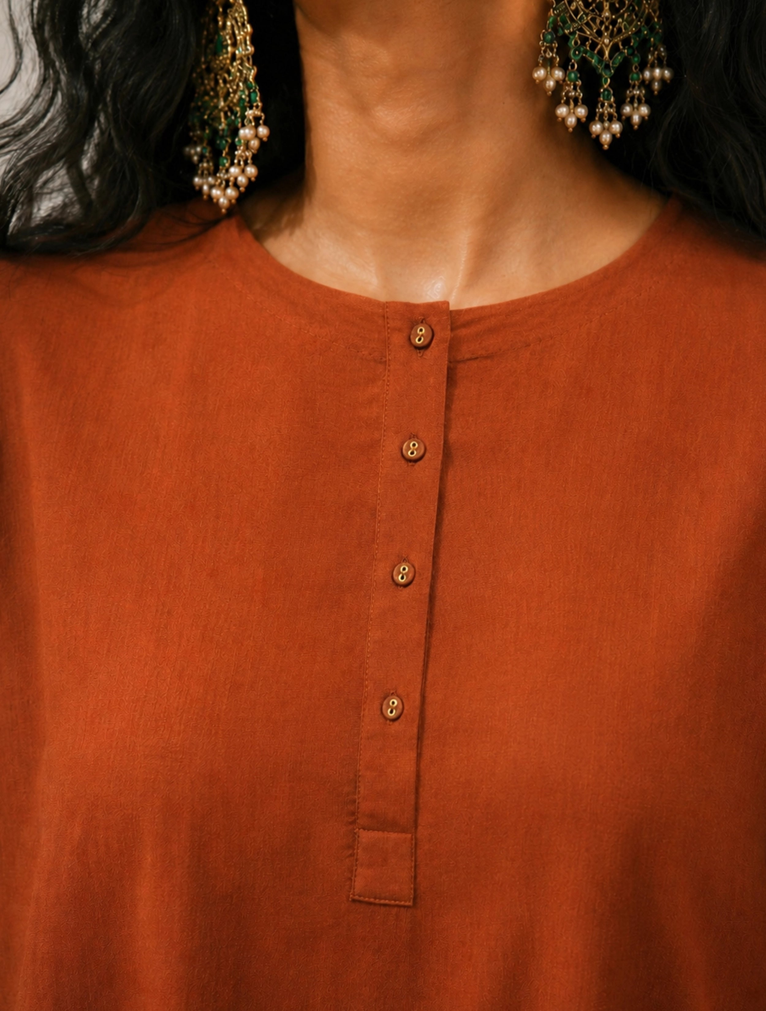 trueBrowns Rust Solid Viscose Round Neck Co-Ord Set