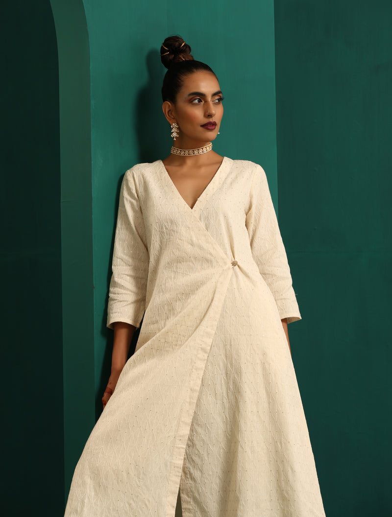 trueBrowns Ivory Tonal Embroidered Angrakha Kurta Pant Set