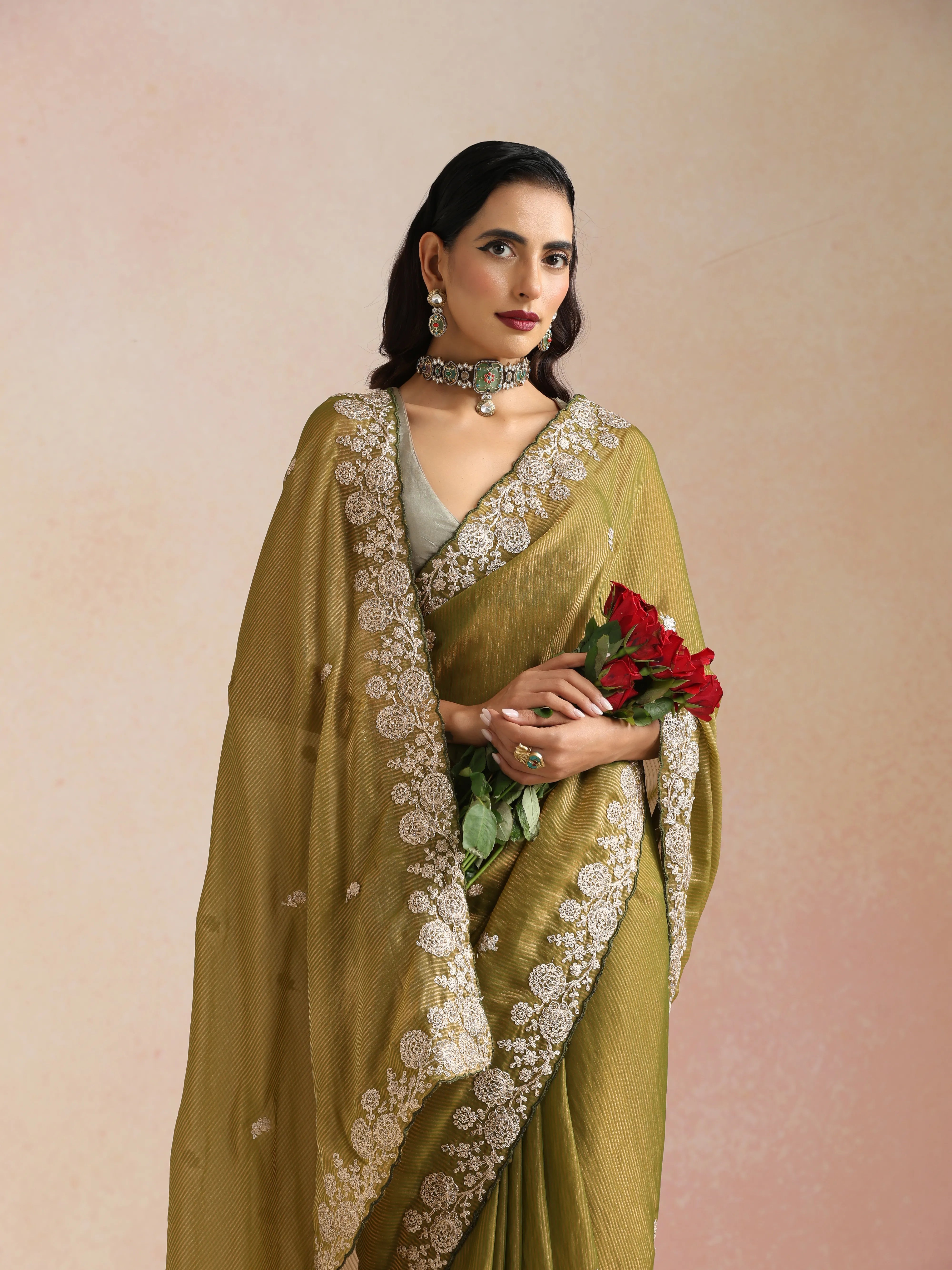 trueBrowns Lime Tissue Stripe Embroidery Weave Saree With Unstitched Blouse