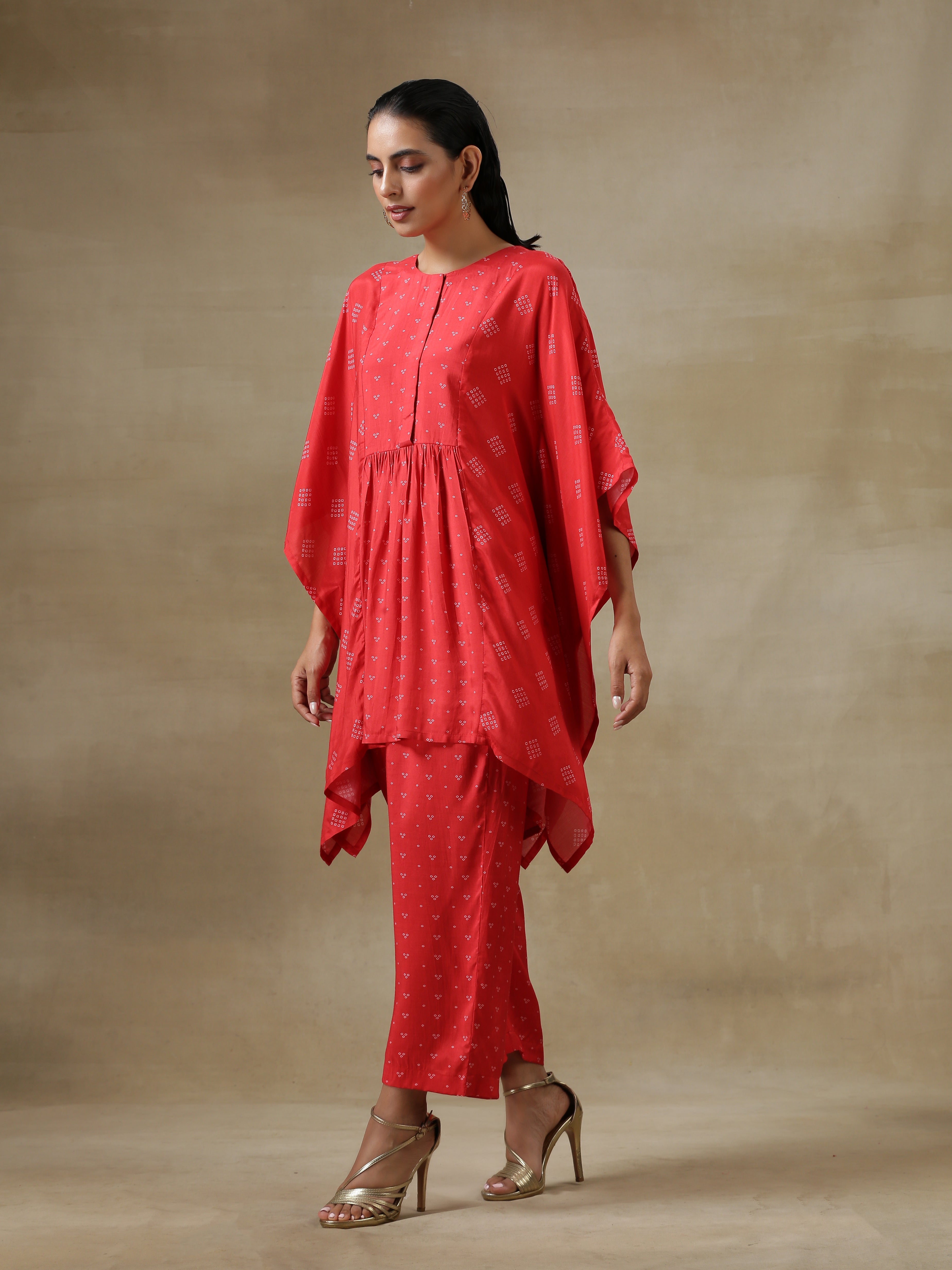 Red Bandhani Printed Silk Kaftan Gathered Co-Ord Set