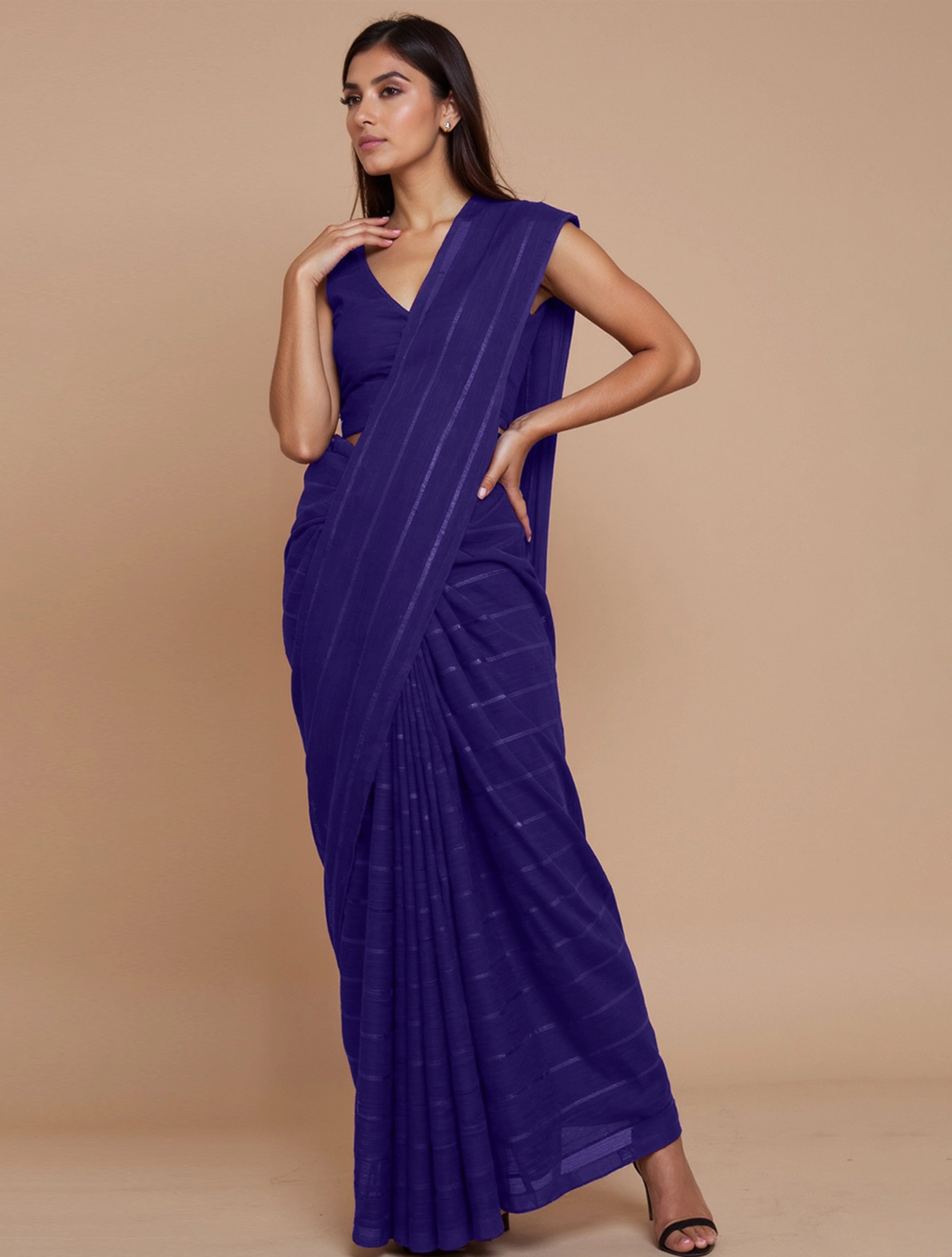 trueBrowns Purple Stripe Saree With Unstitched Blouse