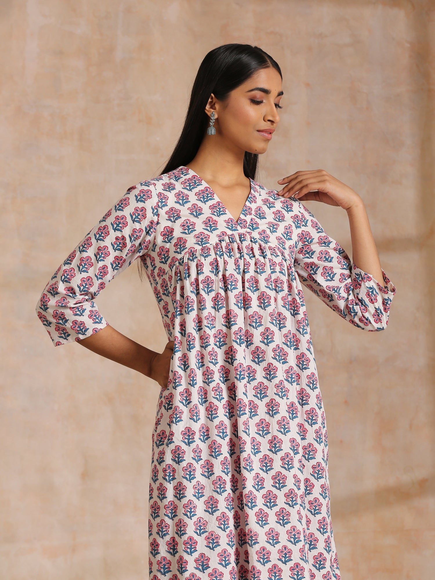 White With Pink Blue Floral Block Print Cotton Flared Slit Kurta Pant Set