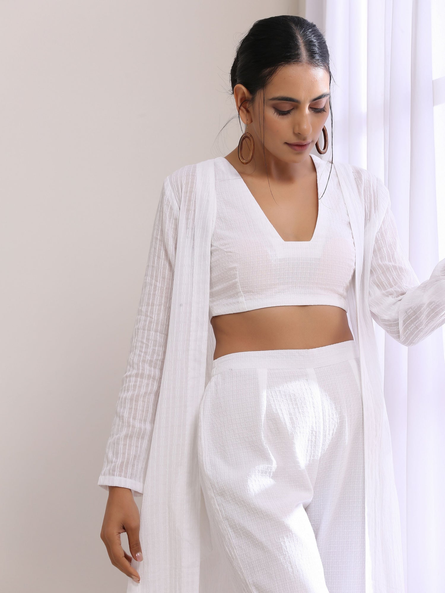 White Dobby Overlay Jacket Blouse Pant Set