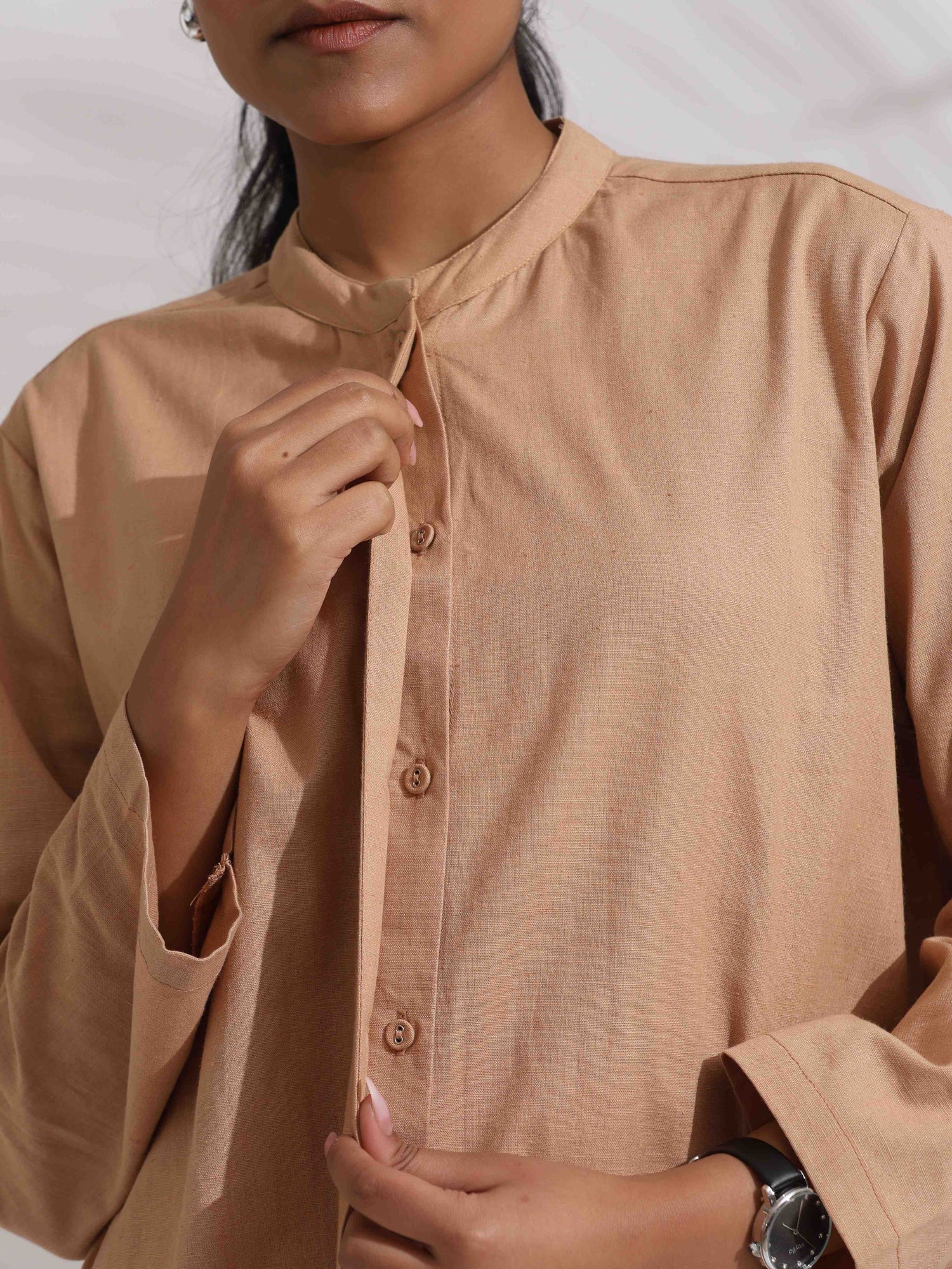 trueBrowns Beige Cotton Embroidered Shirt Top Co-ord Set