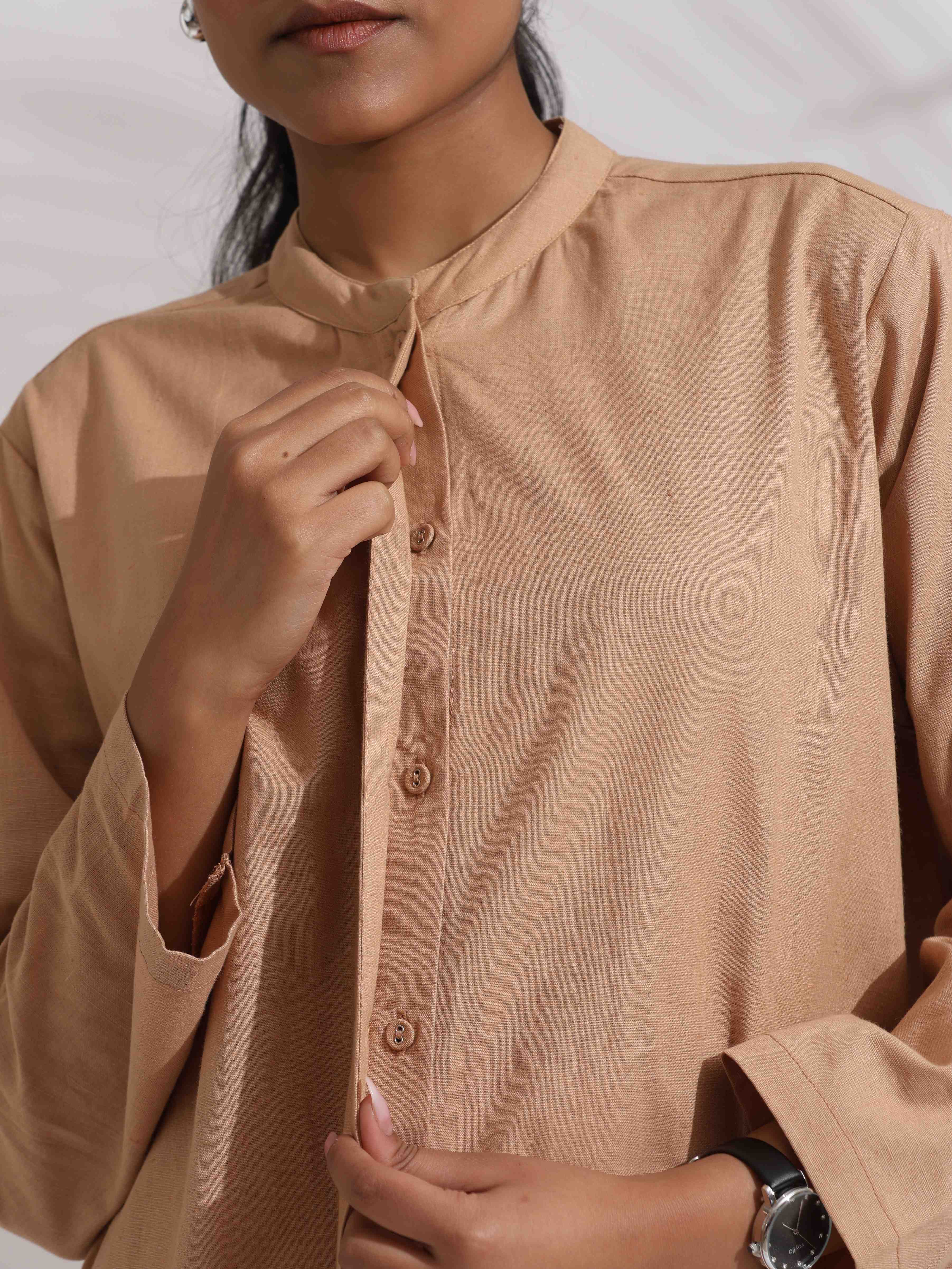 trueBrowns Beige Cotton Embroidered Shirt Top Co-ord Set