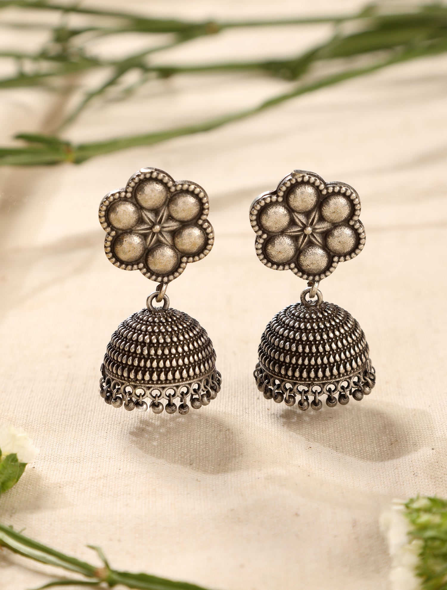 trueBrowns Silver Floral Jhumka Earrings