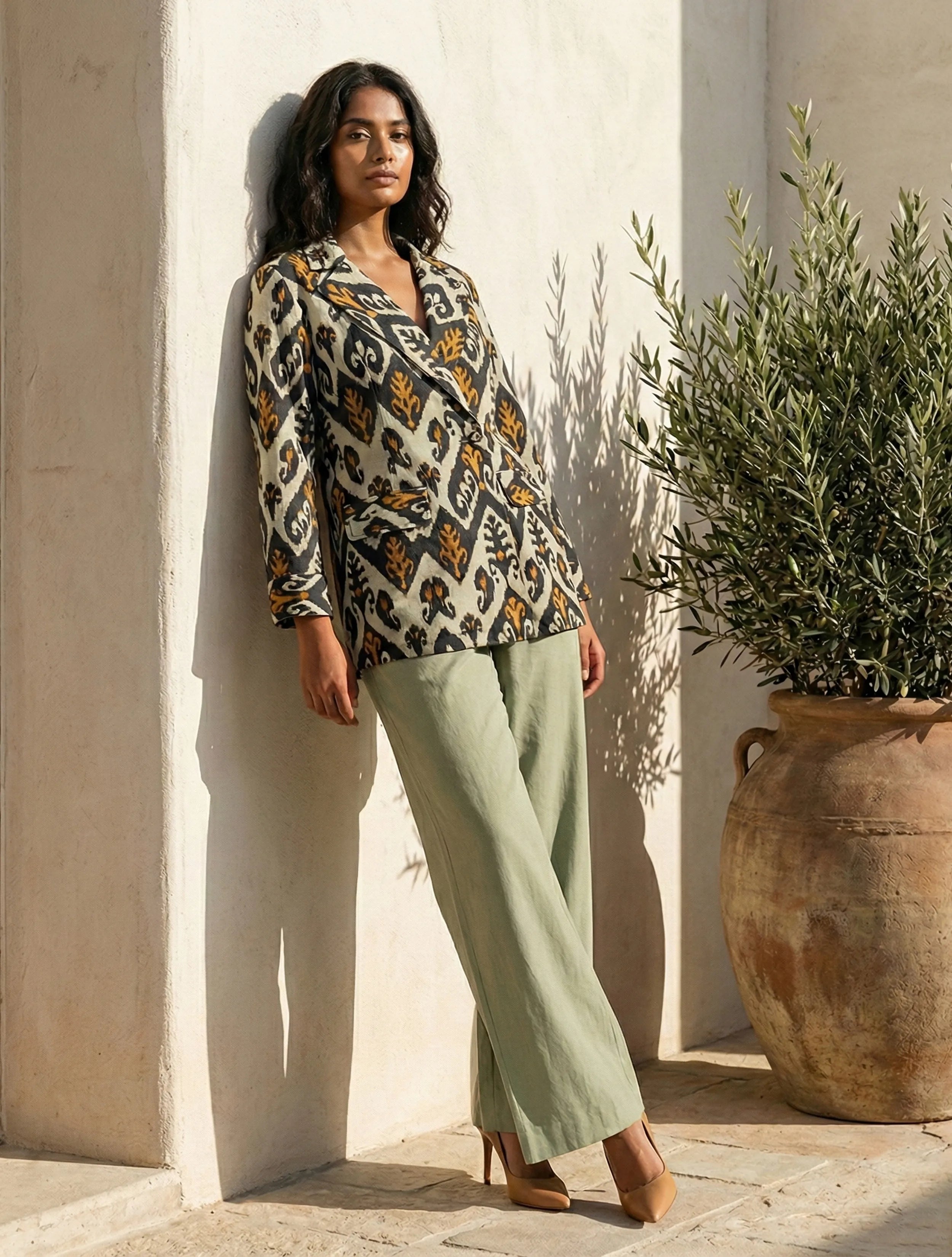 trueBrowns Mint Green Ikat Print Cotton Poplin Blazer Co-Ord Set