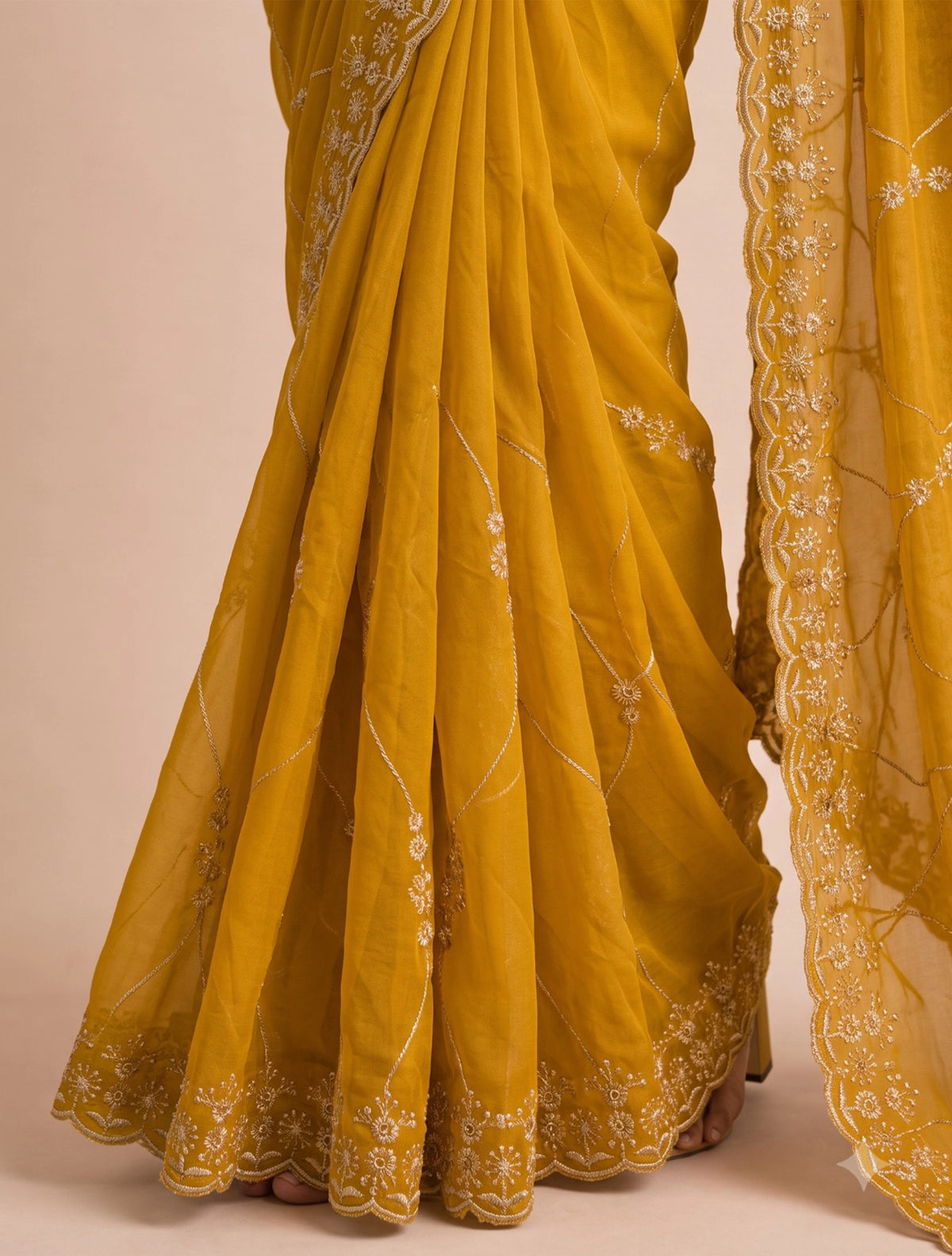 trueBrowns Mustard Gold Jaal Embroidered Georgette Saree With Unstitched Blouse