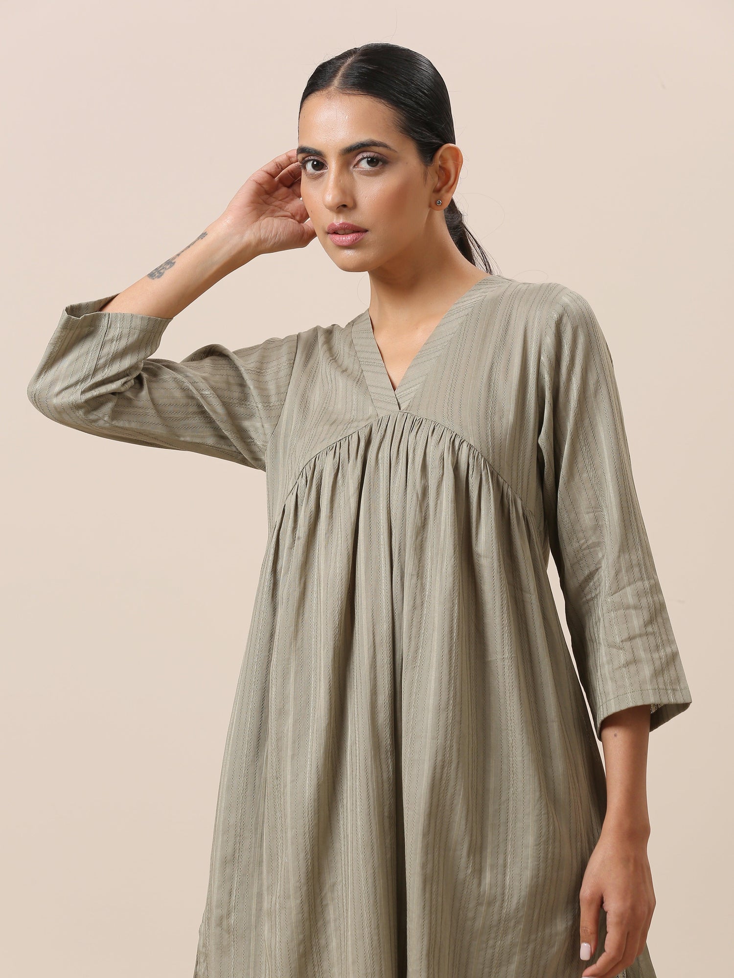 Cotton Olive Green Flared Slit Kurta Pant Set - trueBrowns