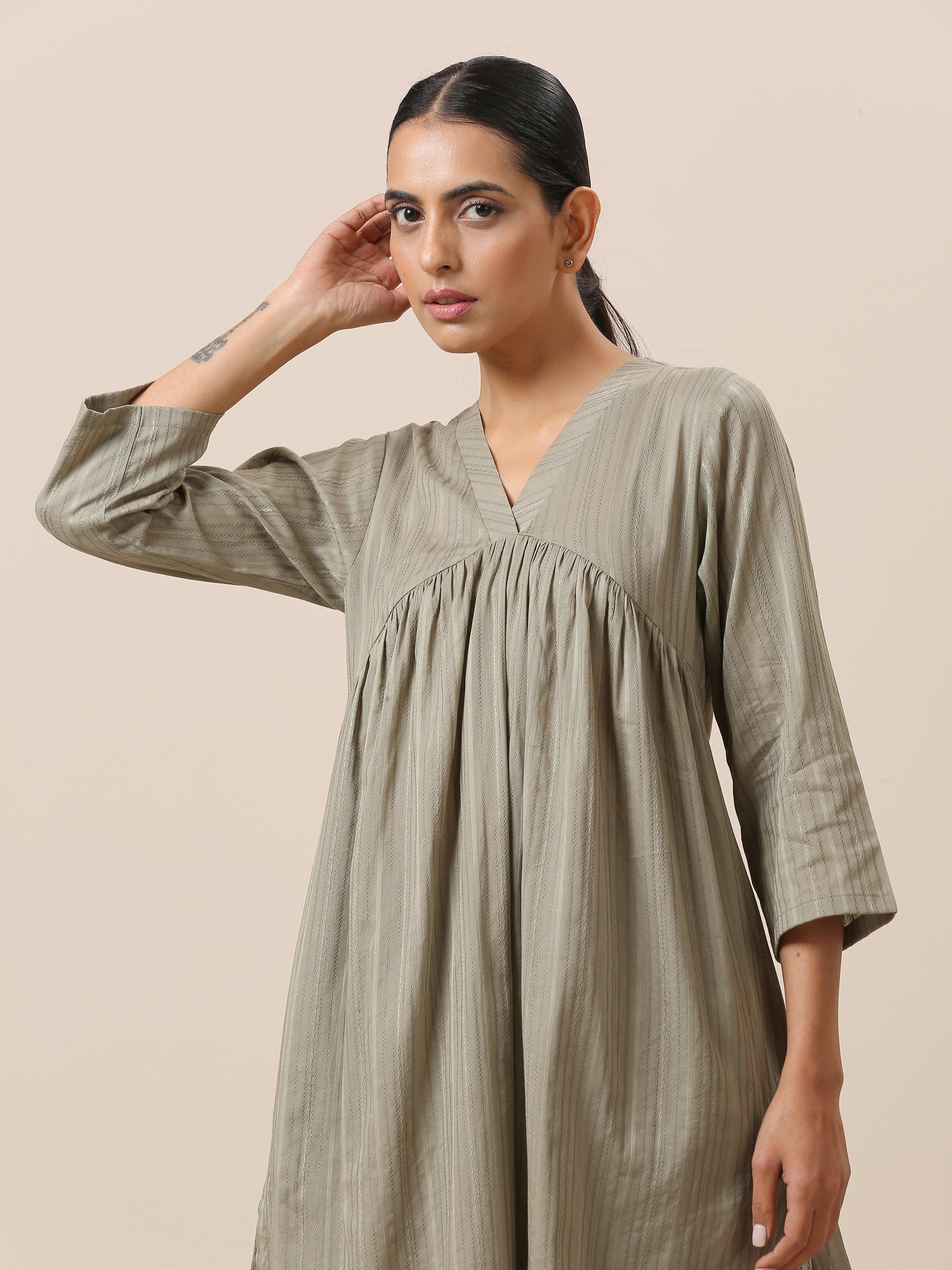 Cotton Olive Green Flared Slit Kurta Pant Set - trueBrowns
