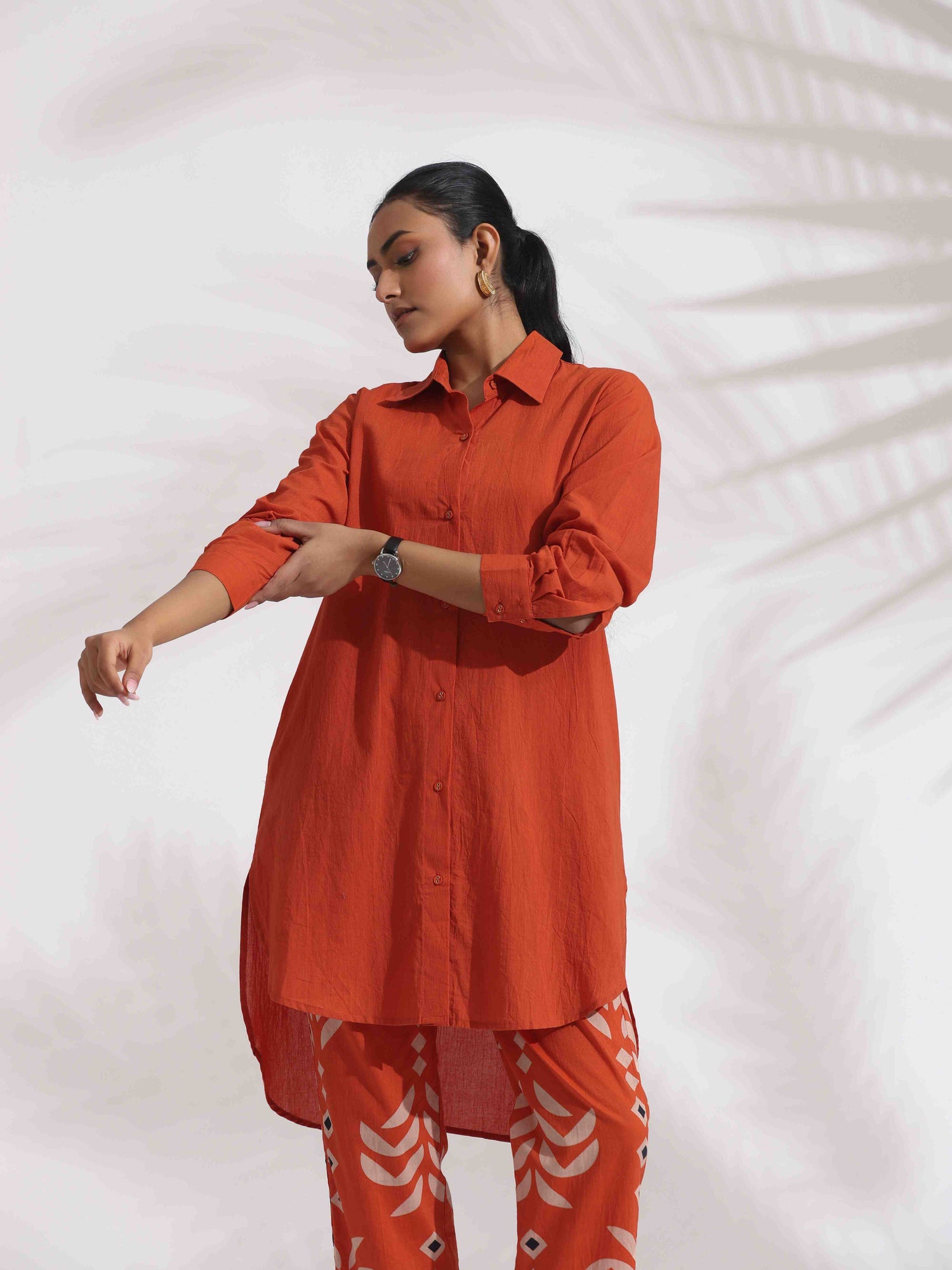trueBrowns Orange Cotton Solid Shirt Kurta Co-ord Set