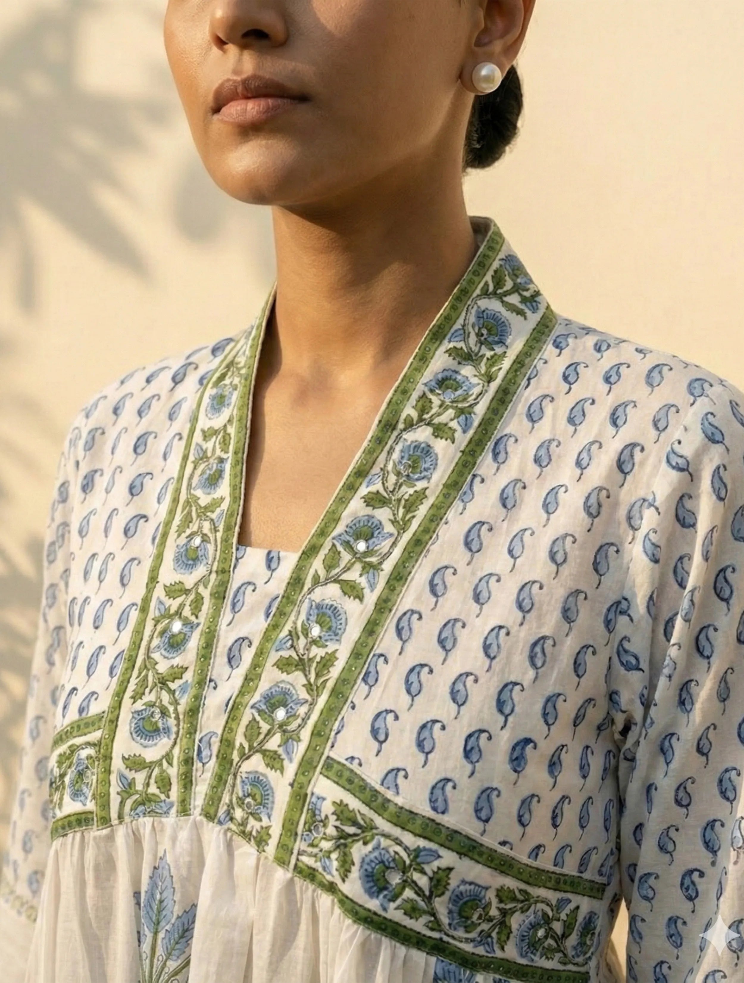 trueBrowns White Blue Printed Anarkali Kurta Pant Dupatta Set