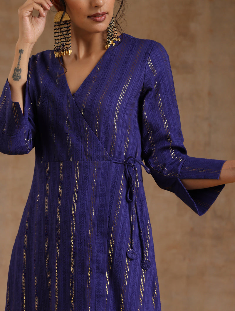 Spectrum Blue Gold Cotton Angrakha Kurta Set
