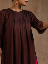 Cola Brown Modal Neck Pleat Kurta Set