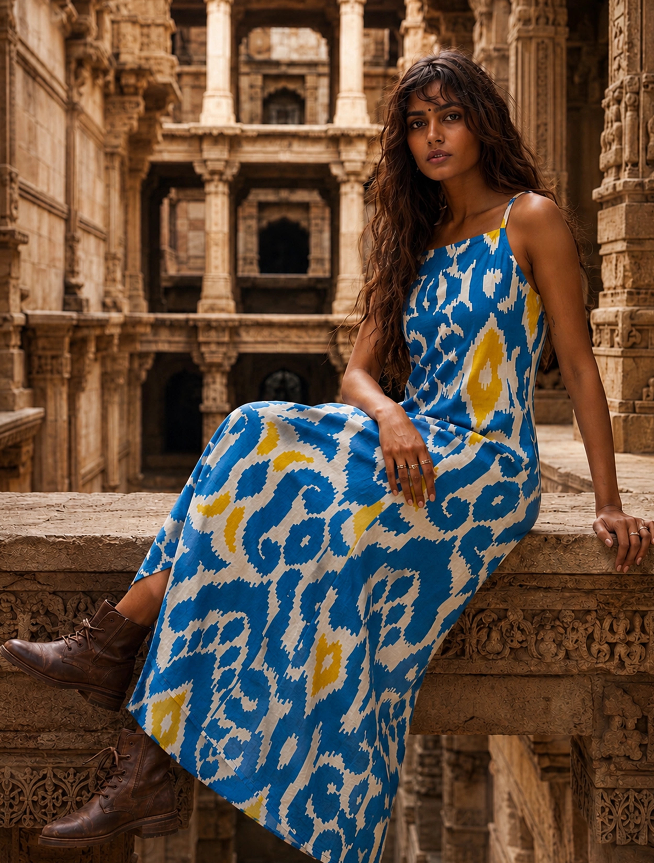 trueBrowns Blue Ikat Print Cotton Strappy Maxi Dress