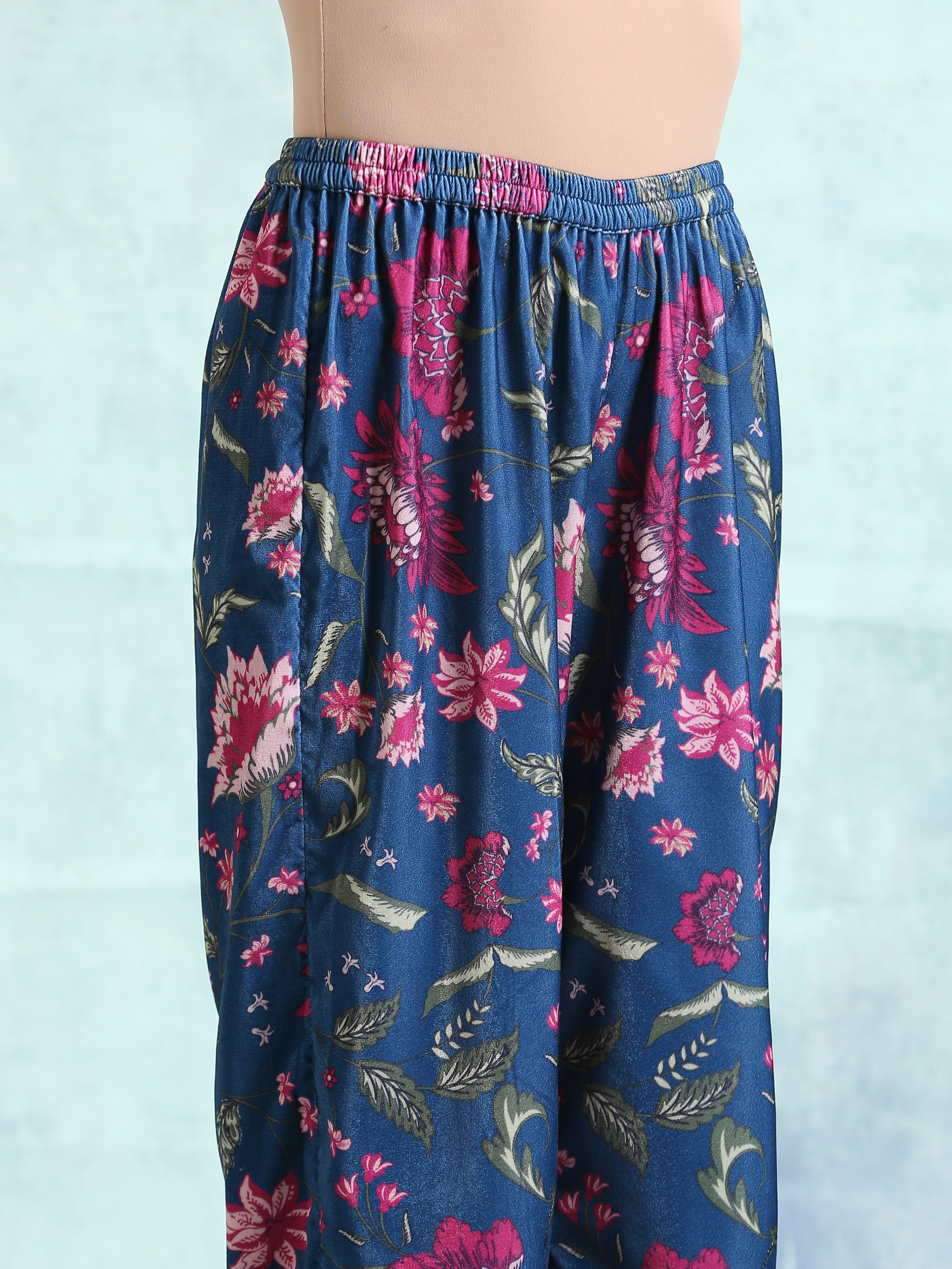 Blue Printed Velvet Pant