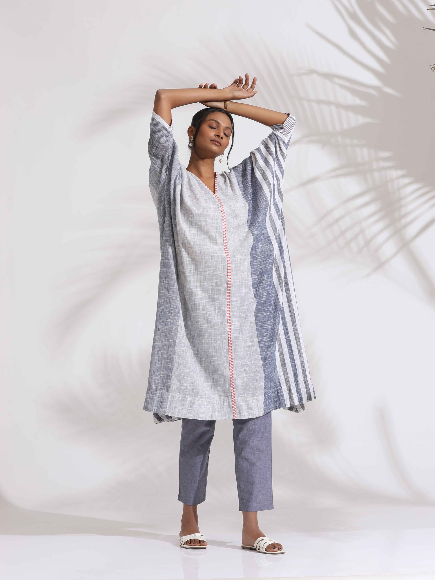 trueBrowns Off-White Cotton Multi Stripe Flared Kurta Set