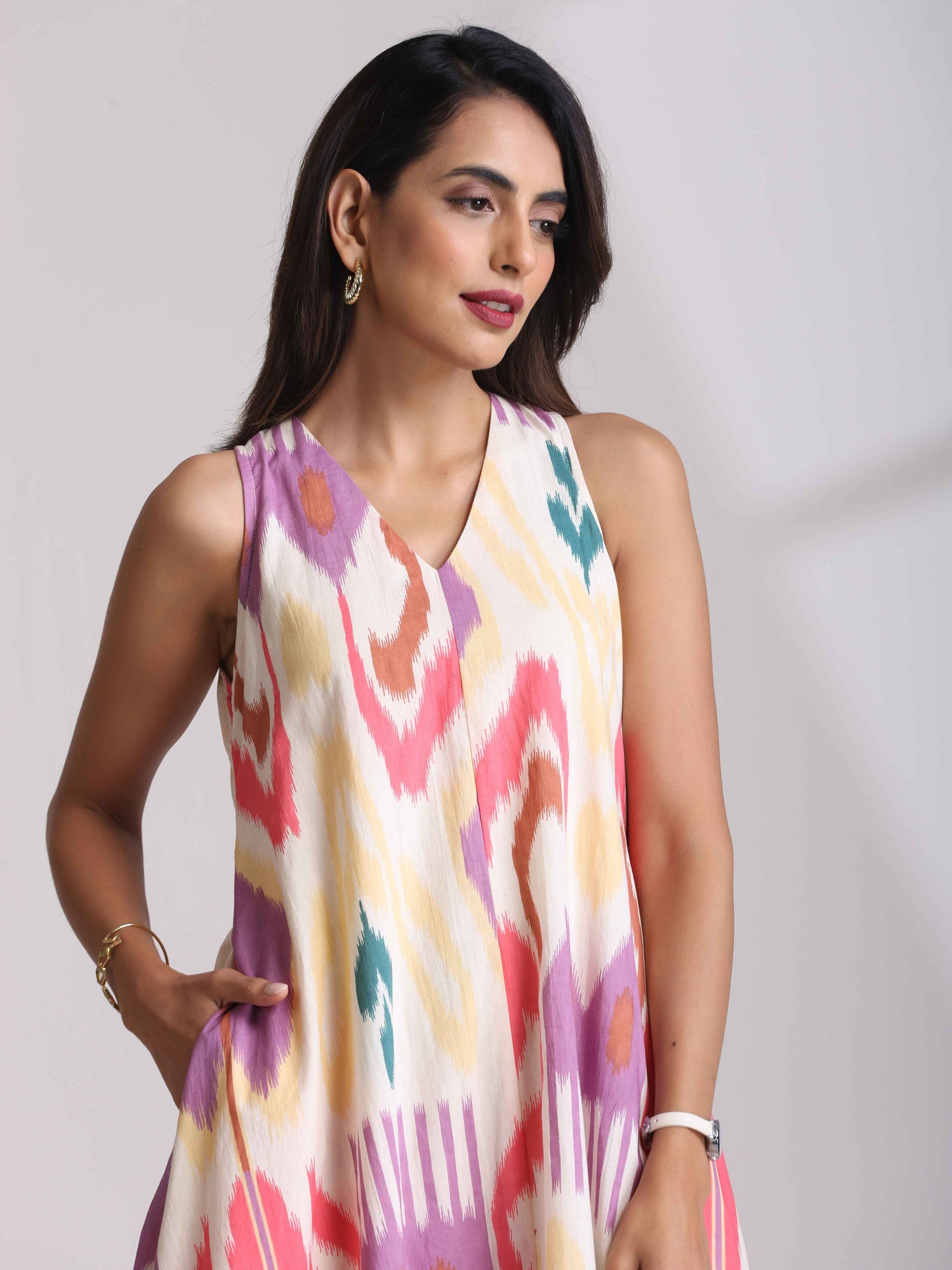 trueBrowns Pink Cotton Ikat Sleeveless Dress