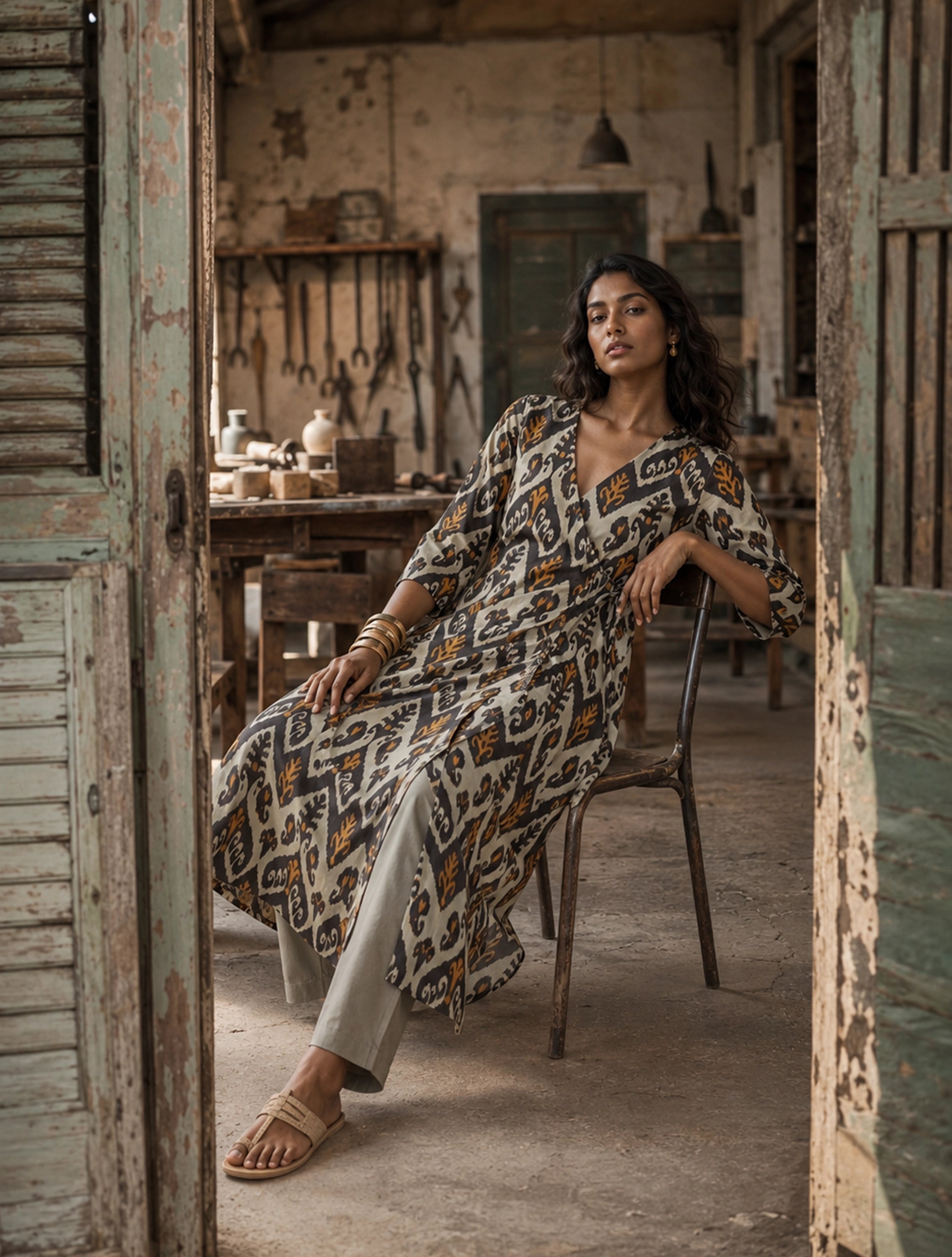 trueBrowns Mint Green Ikat Print Cotton Angrakha Kurta Set