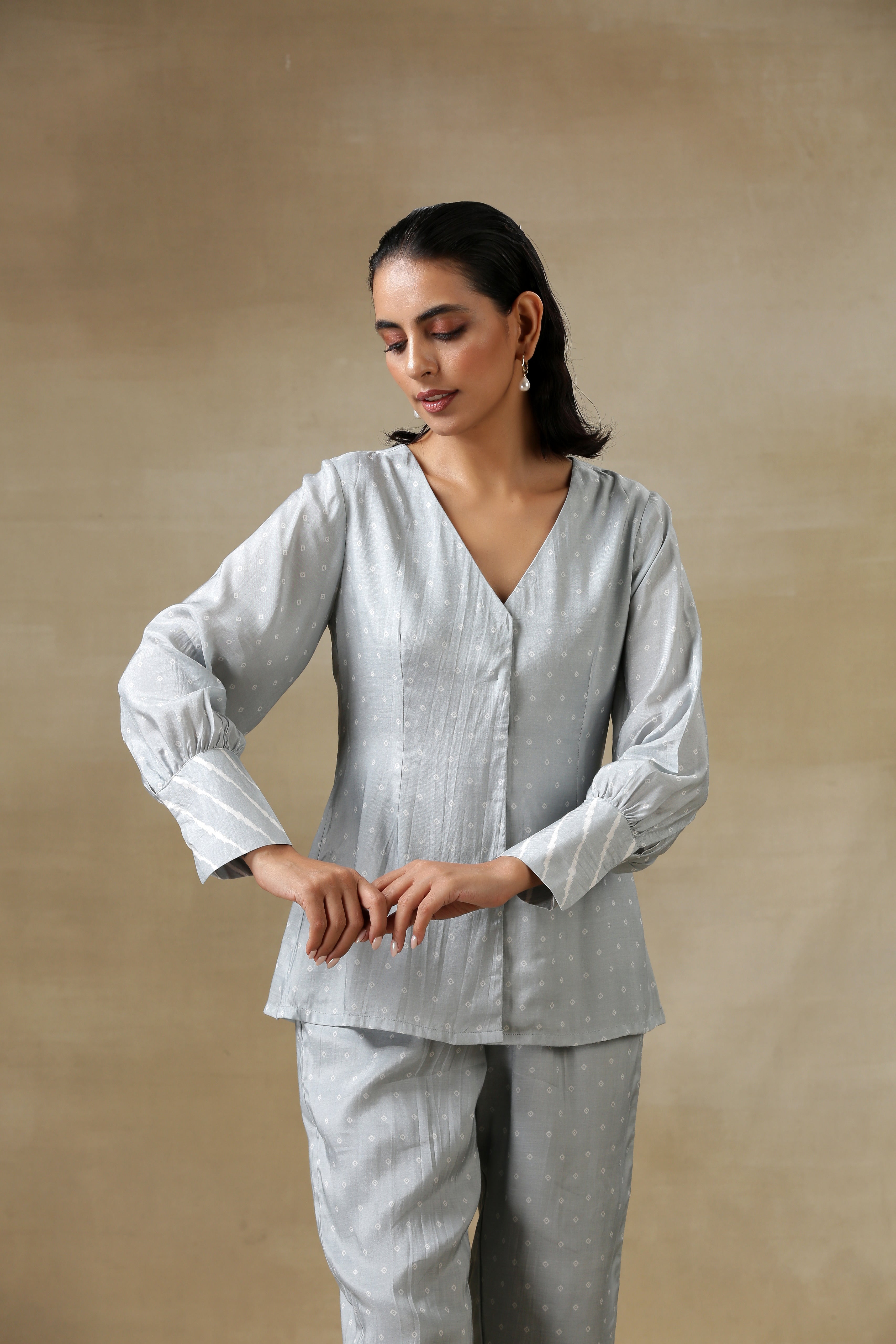 Grey Bandhani Printed Silk Front Open Short Co-Ord  Set