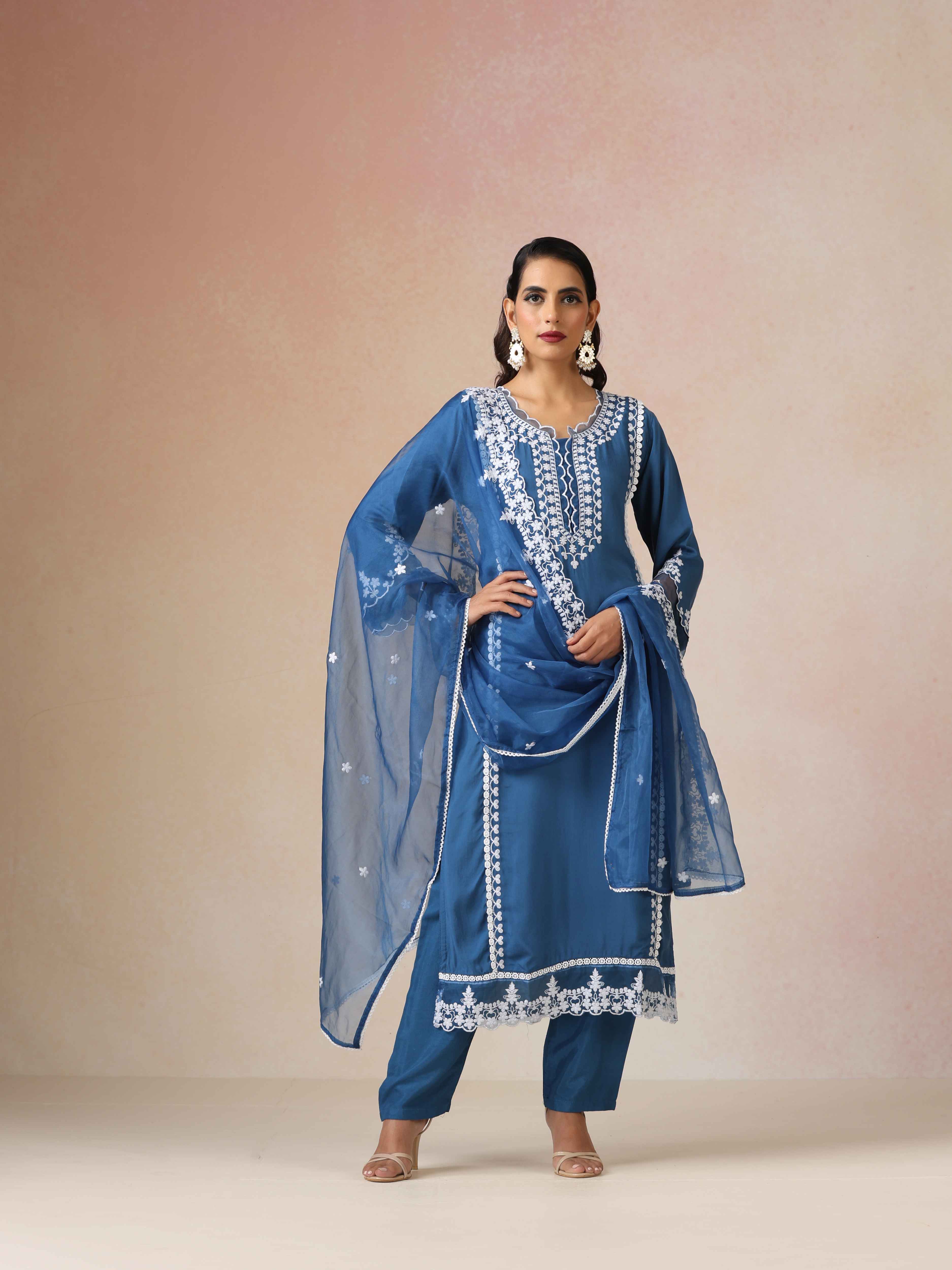 trueBrowns Blue Embroidered Round Neck Straight Kurta 3pc Set