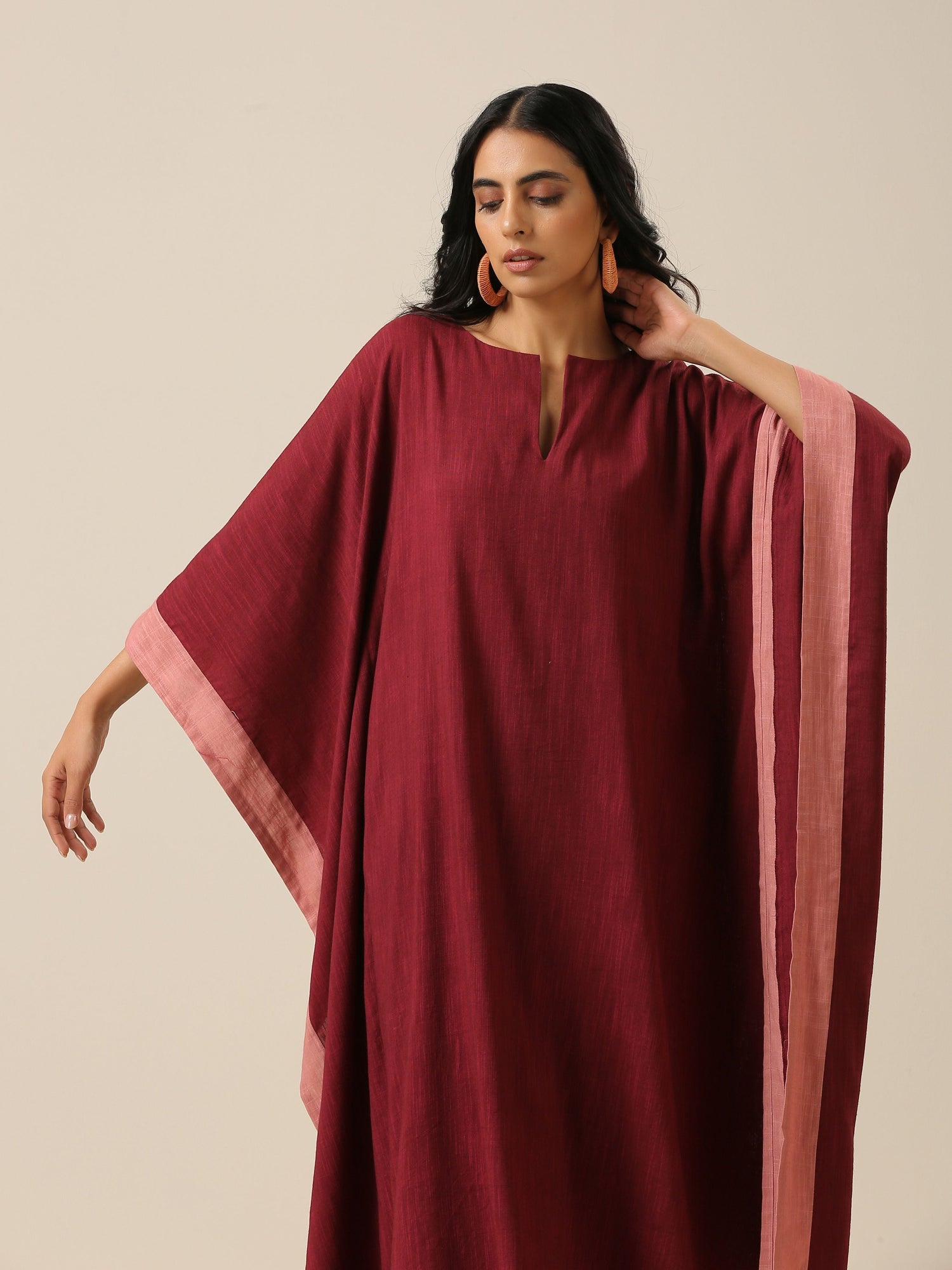 Ruby Wine Slub Texture High Low Kaftan Pant Set