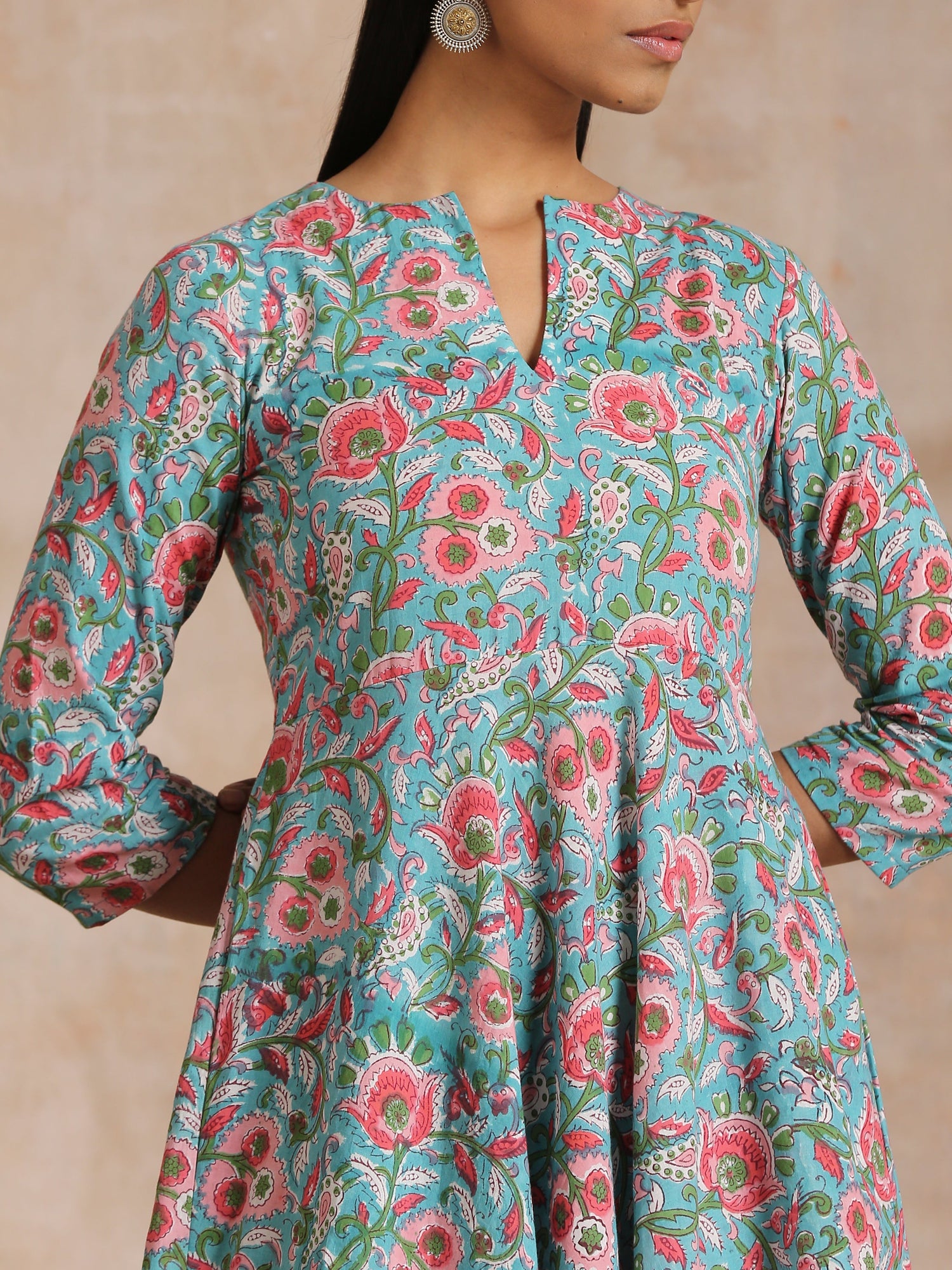 Turkish Blue Overall Floral Block Print Cotton Flared Kurta Pant Set