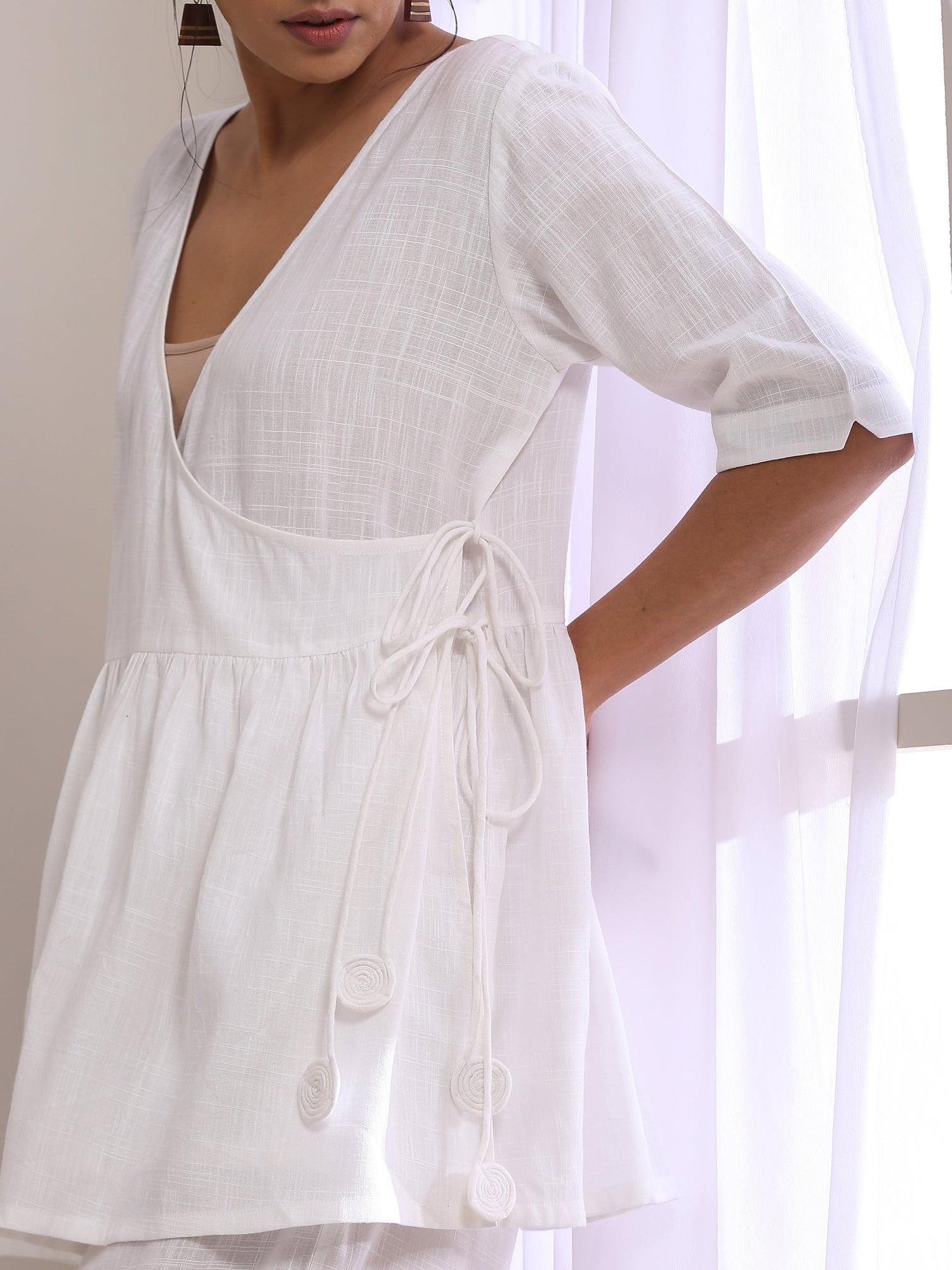 White Slub Texture Short Angrakha Co-Ord Set