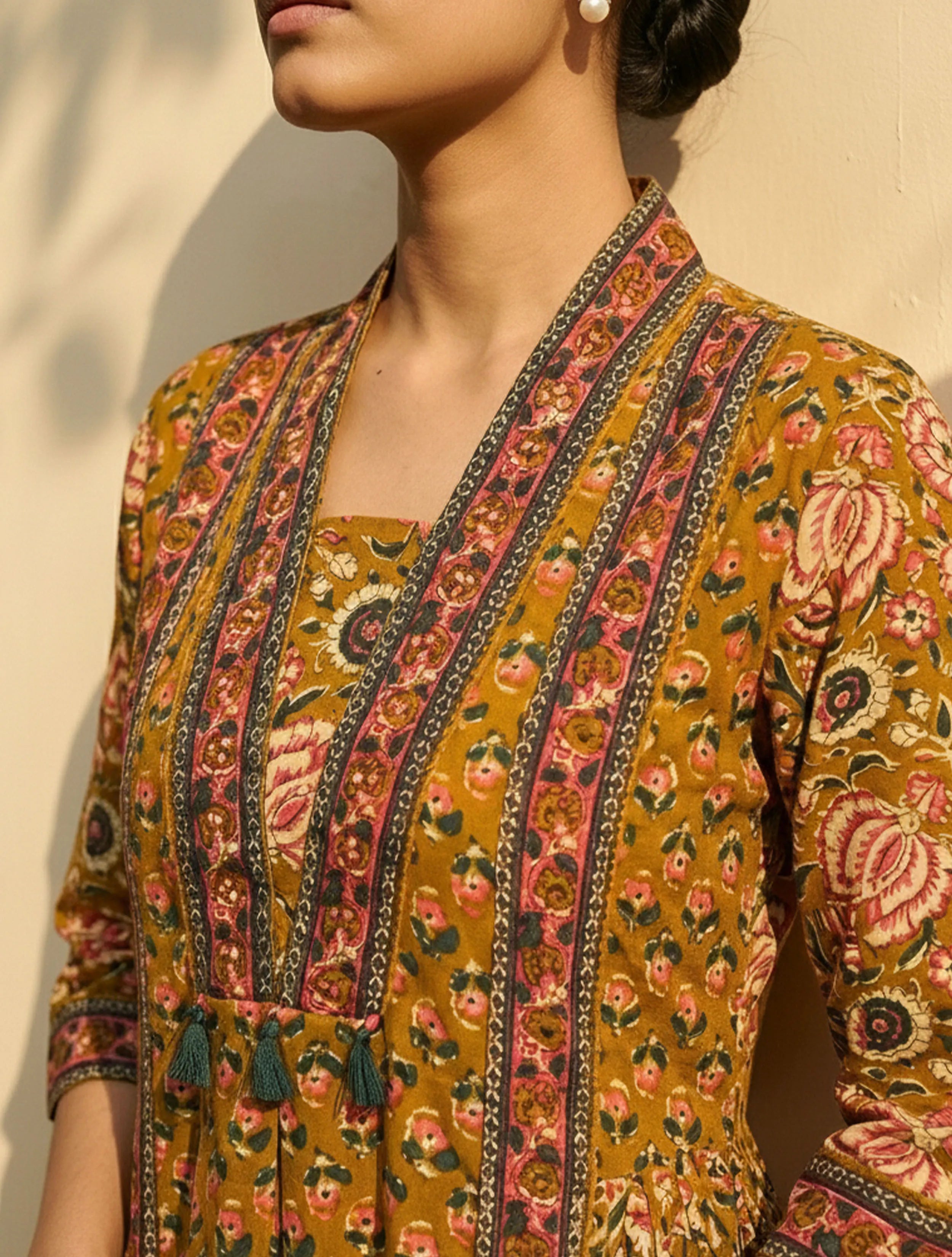trueBrowns Mustard Floral Print Anarkali Kurta Pant Dupatta Set