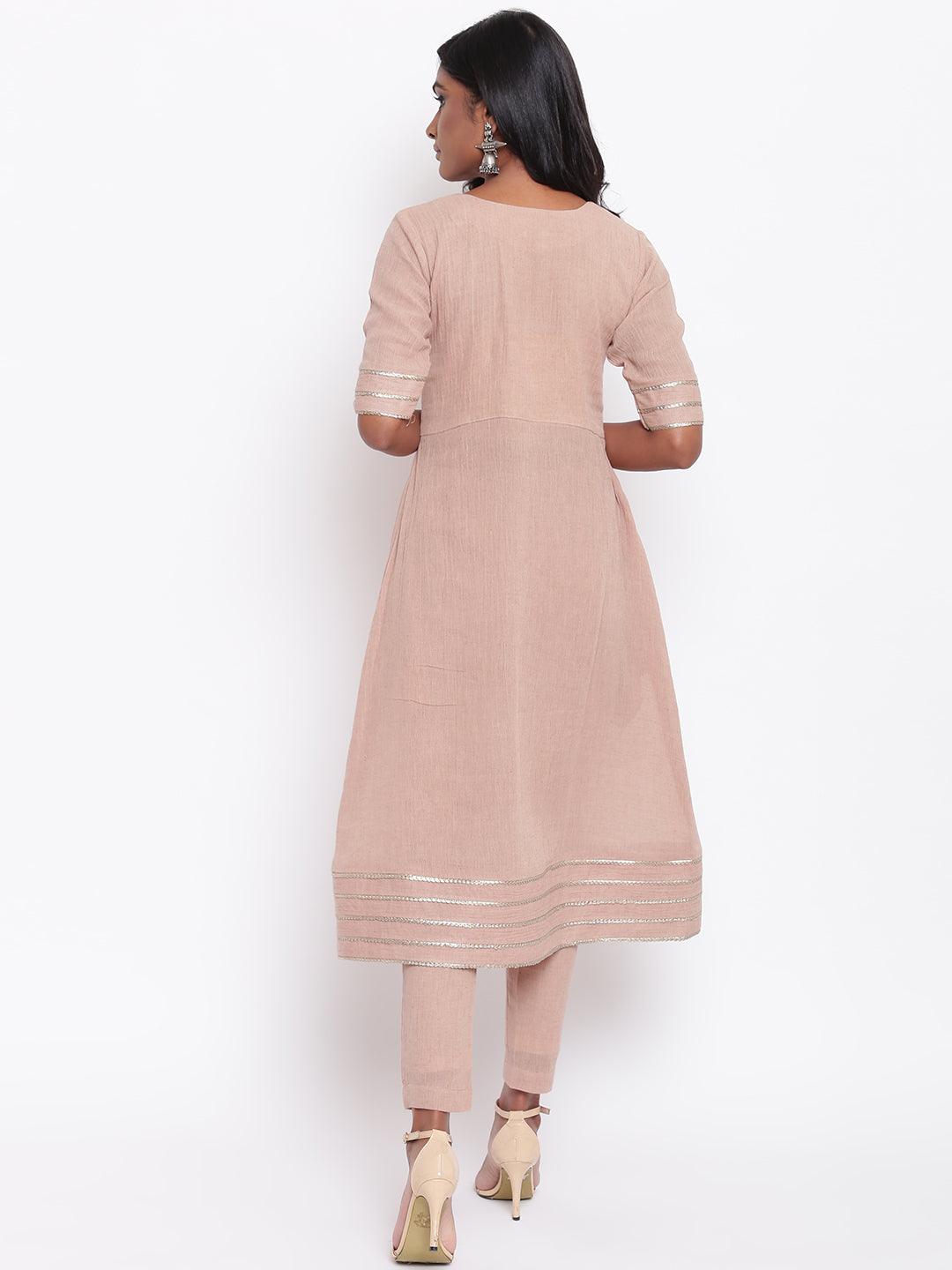 Pure Cotton Beige Gota Slit Kurta Set - trueBrowns
