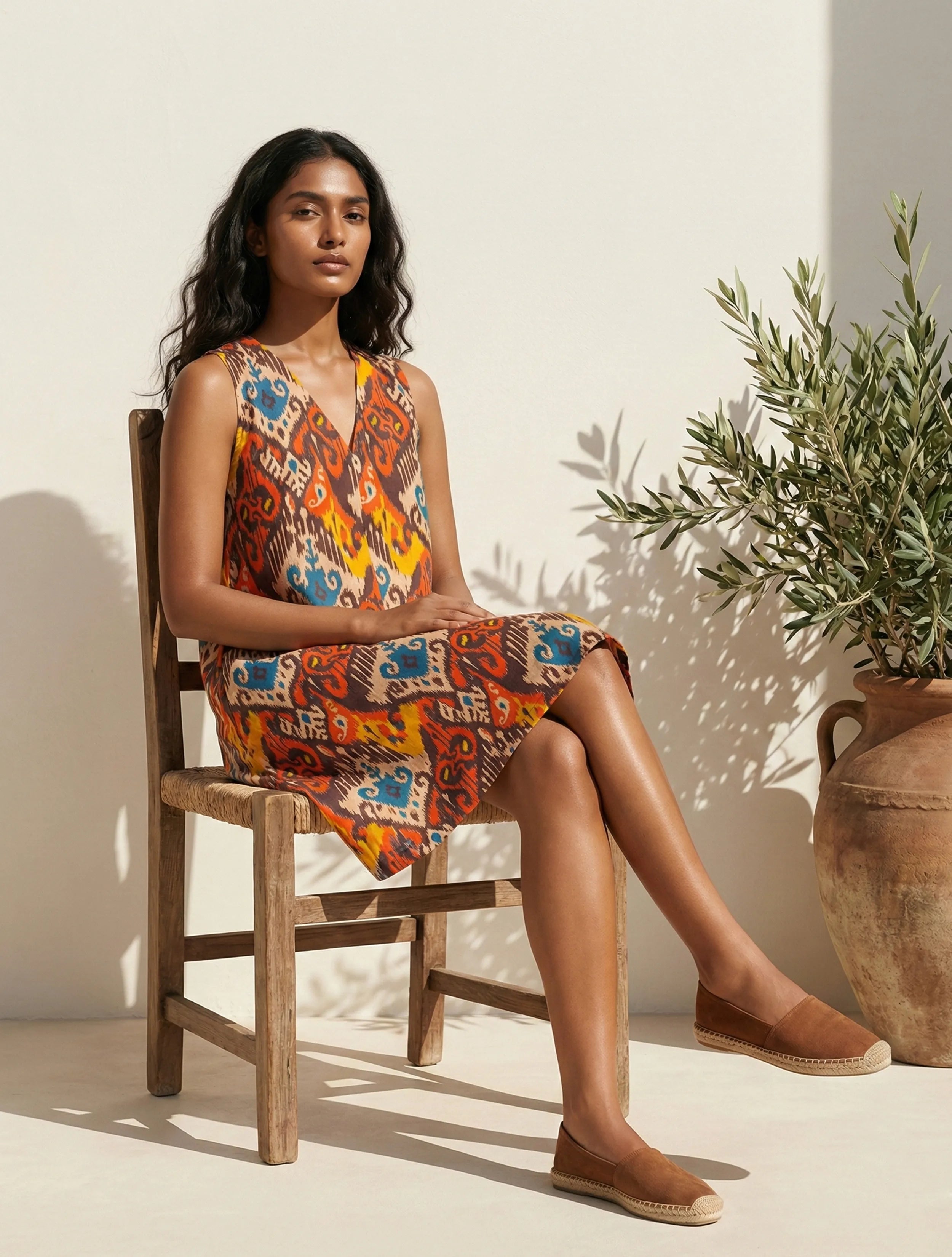 trueBrowns Multicolour Ikat Print Cotton Poplin Sleeveless Short Dress