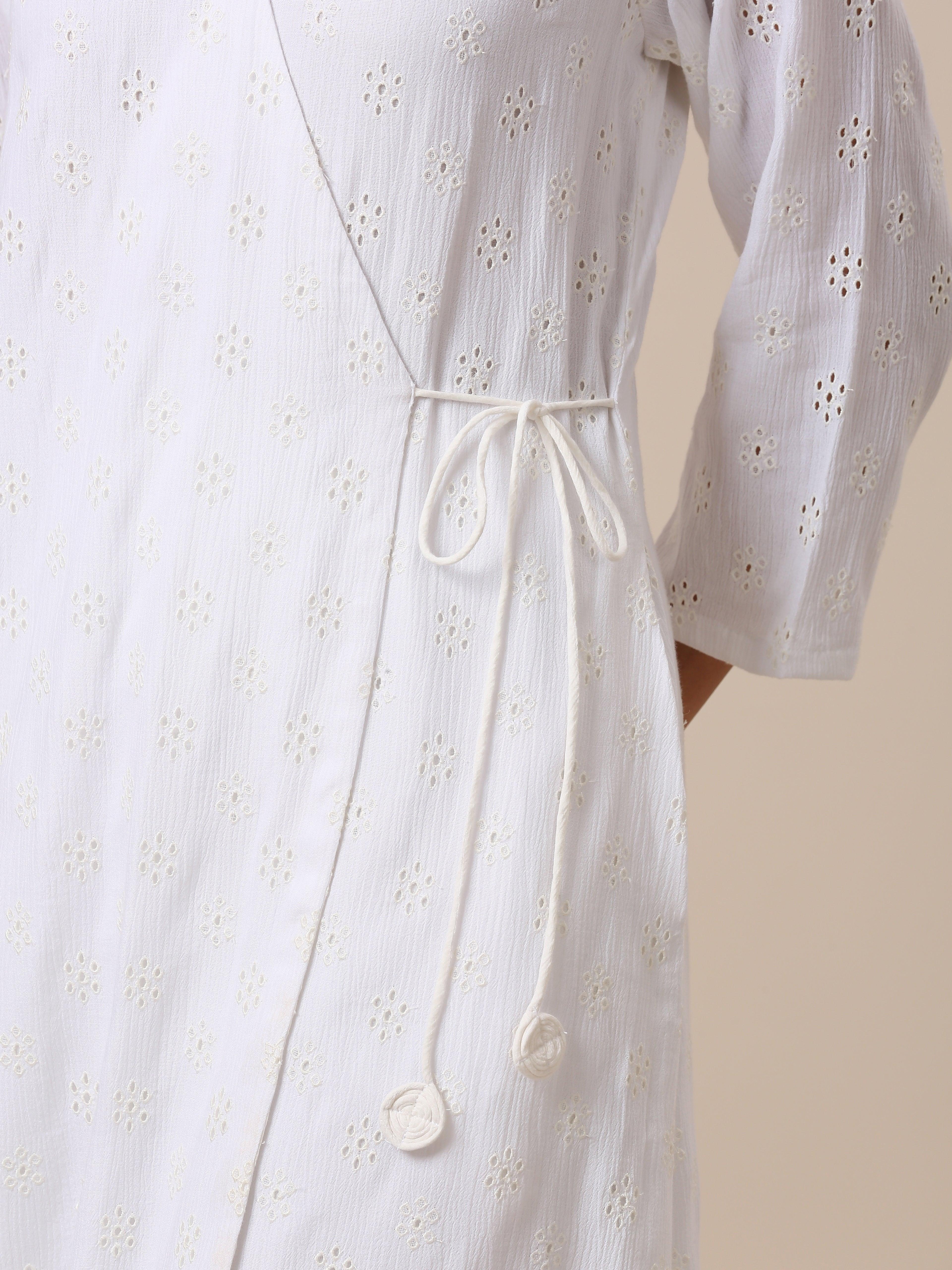 Cotton White Schiffli Angrakha Pant Set - trueBrowns