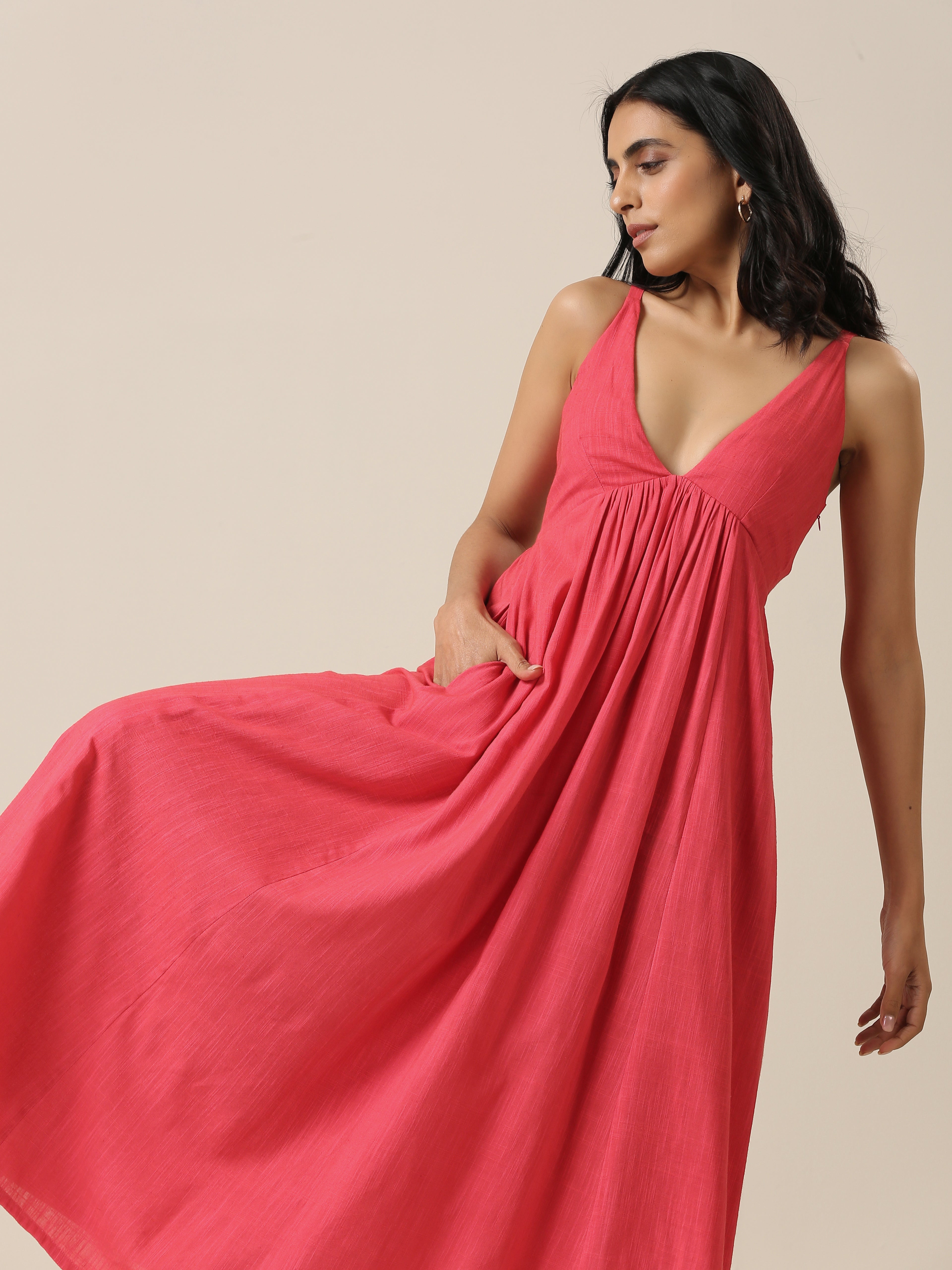 Bright Pink Slub Texture Sleeveless Dress