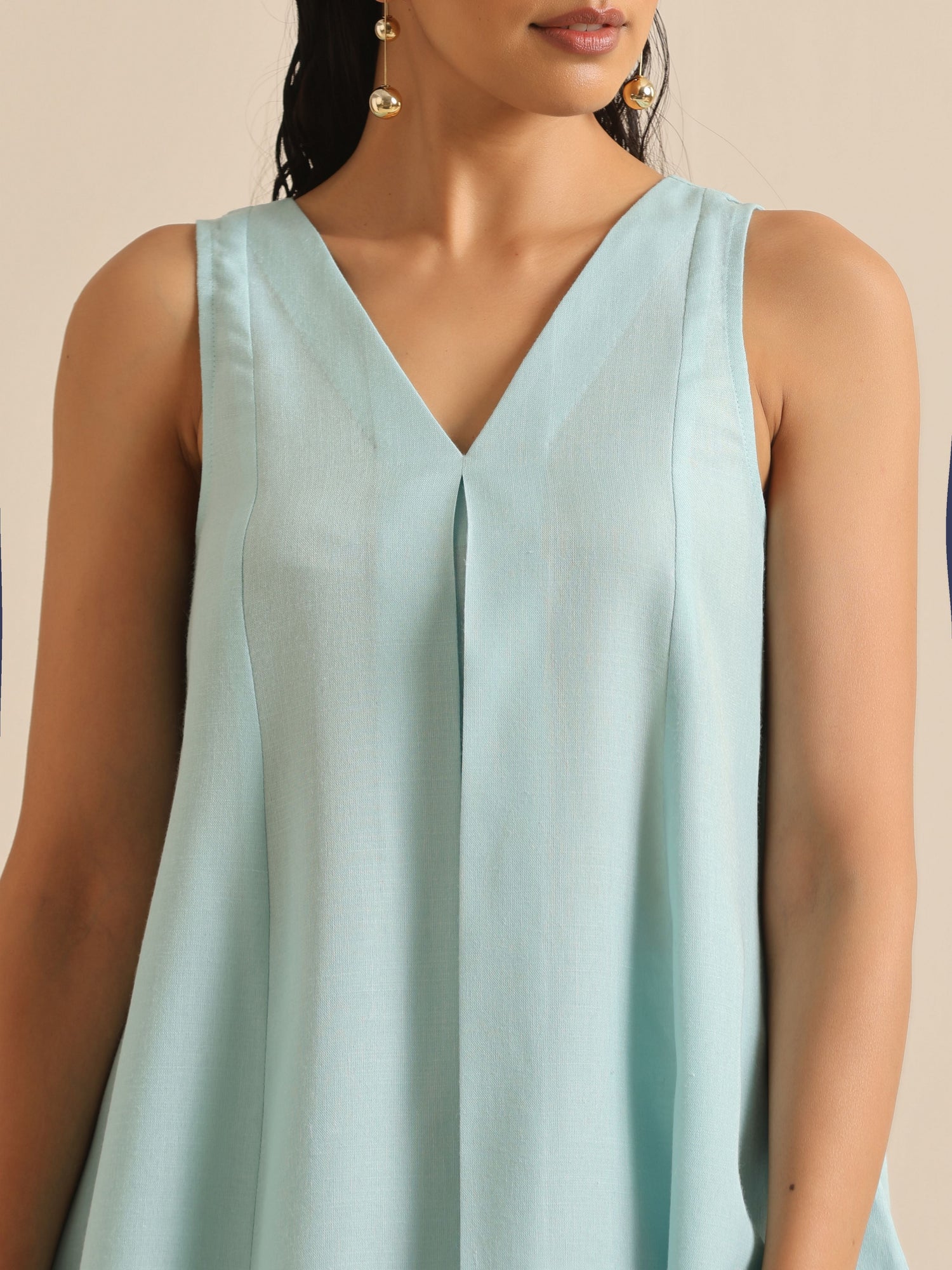 Sky Blue Slub Sleeveless Flared Kurta Pant Set