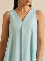 Sky Blue Slub Sleeveless Flared Kurta Pant Set