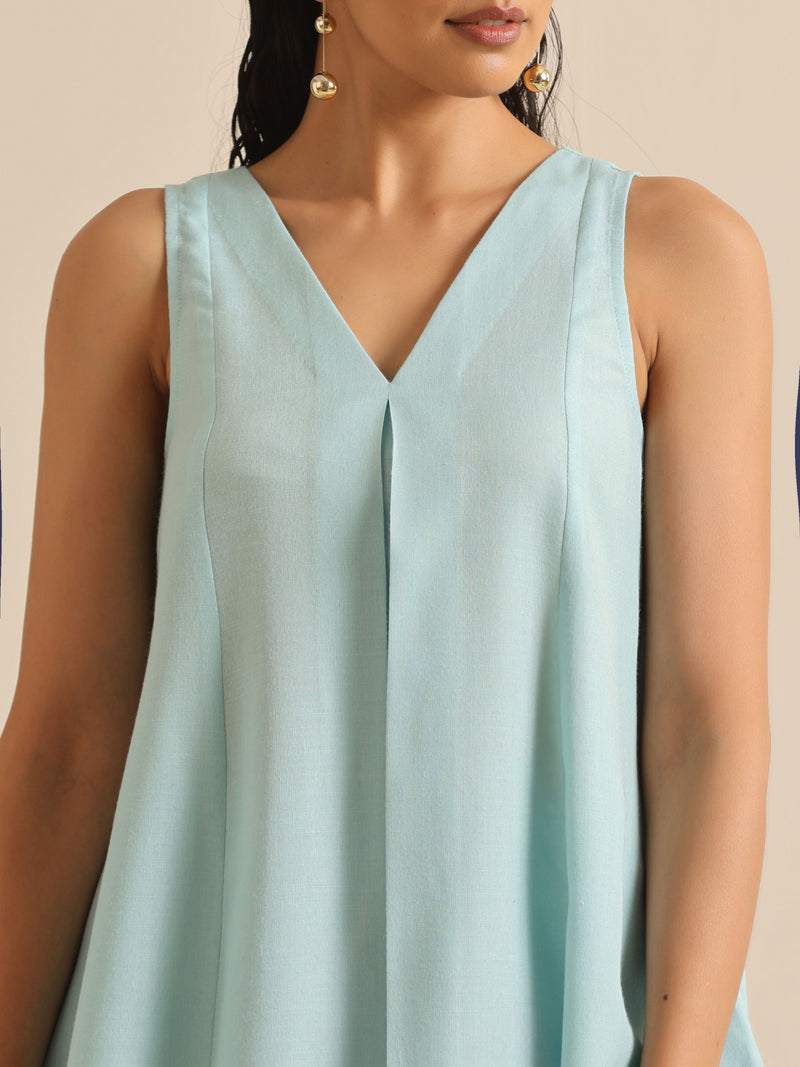 Sky Blue Slub Sleeveless Flared Kurta Pant Set