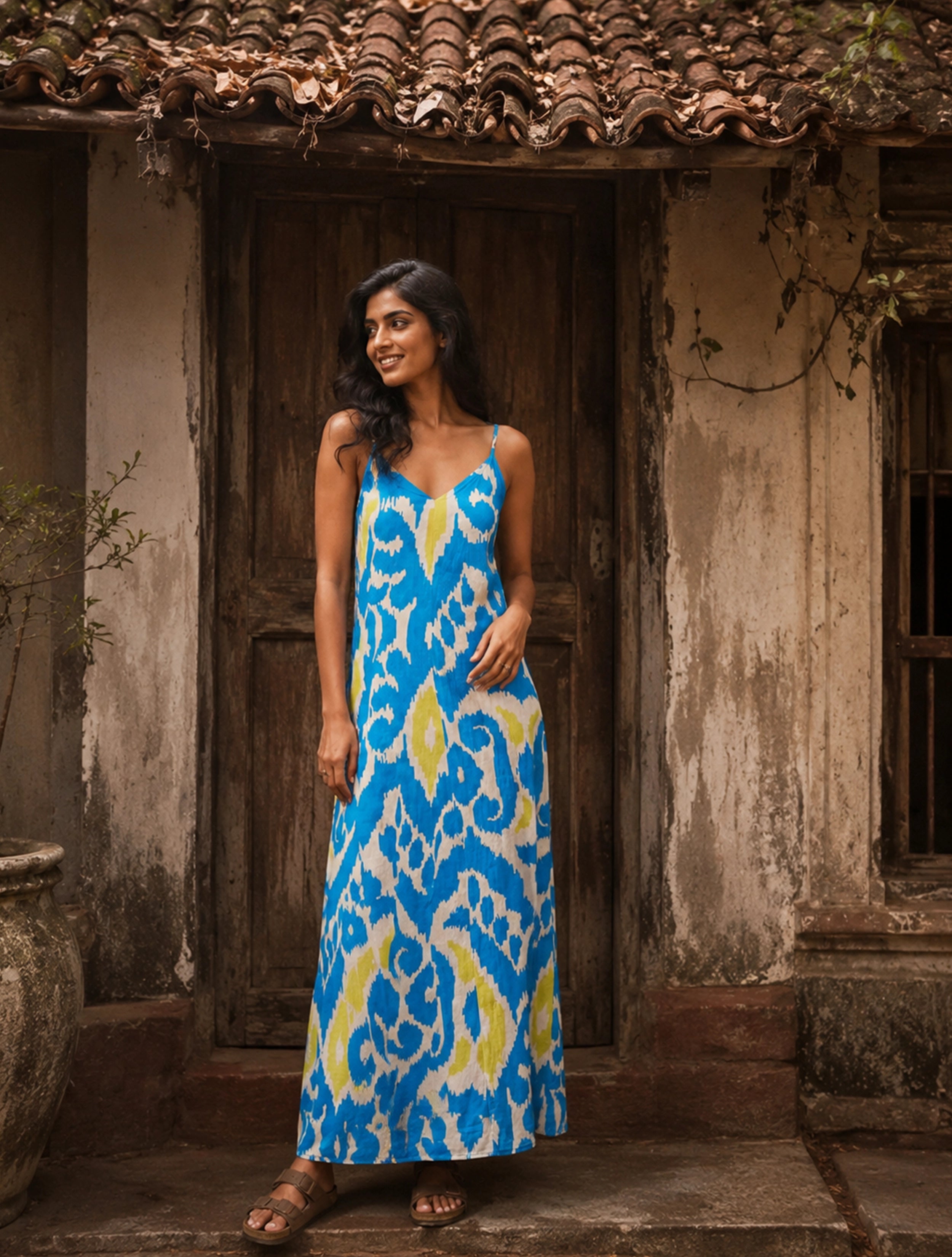 trueBrowns Blue Ikat Print Cotton Mull Strappy Maxi Dress