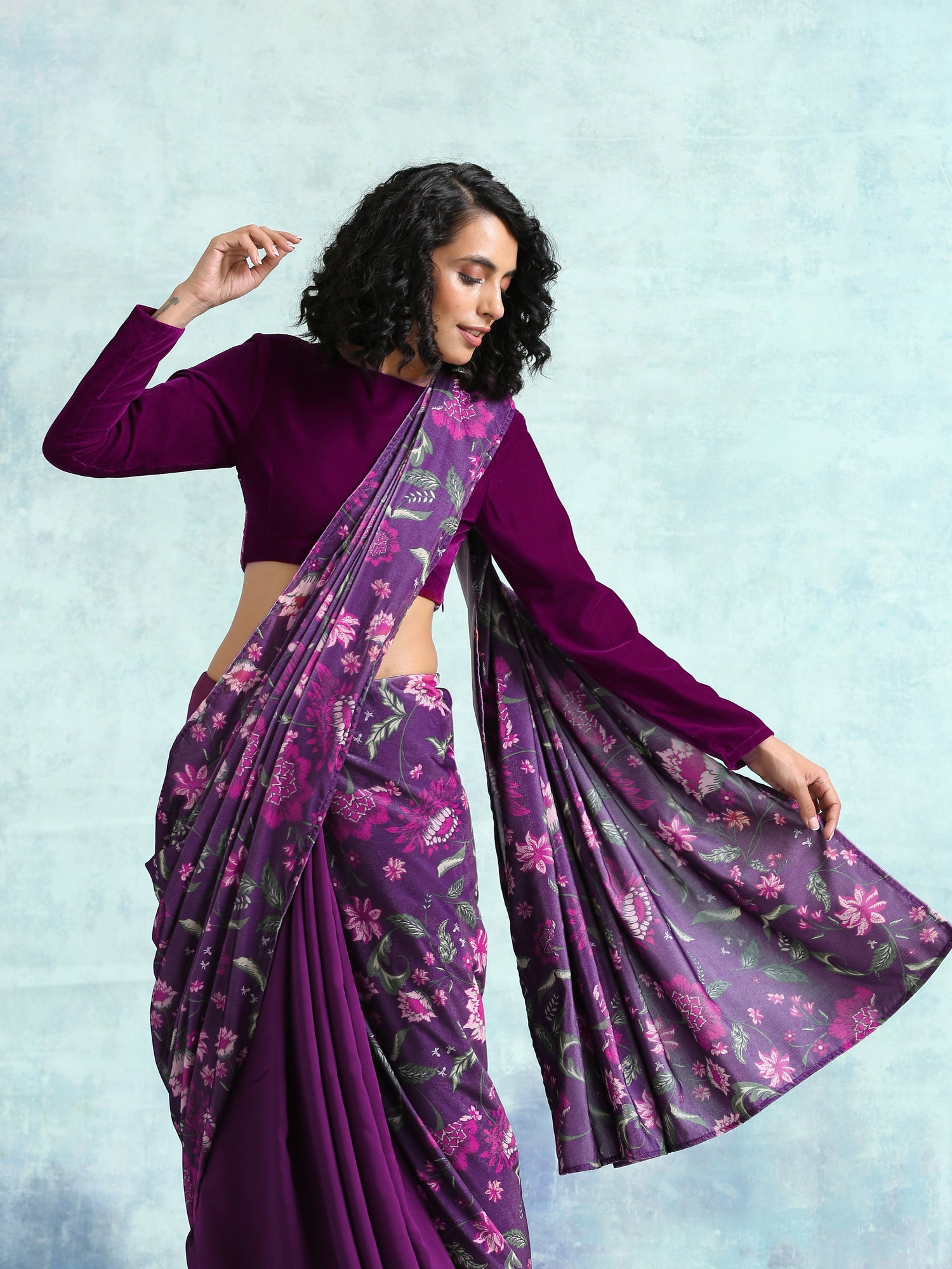 Wine Printed Velvet Pre-Stitched Saree