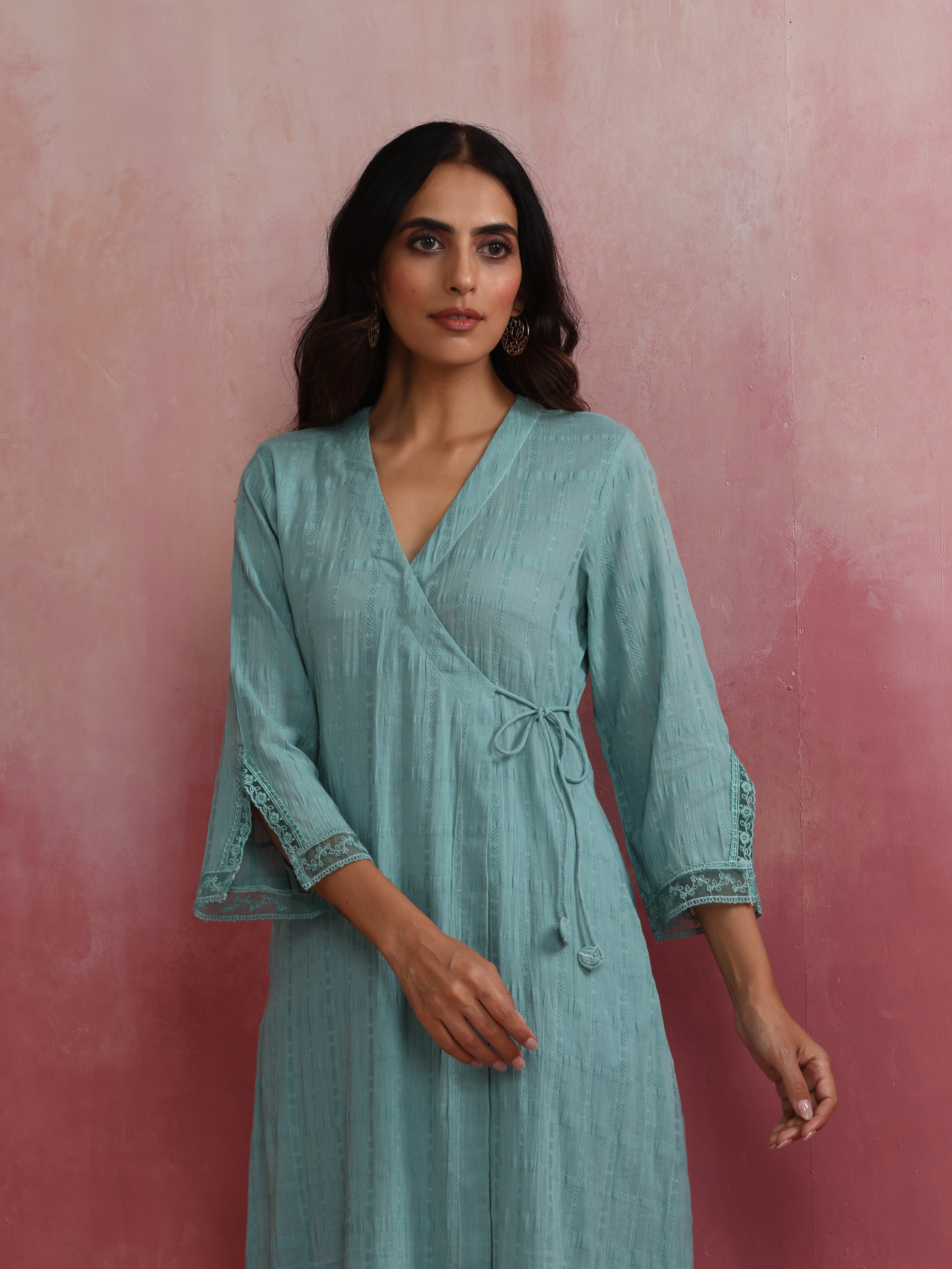 trueBrowns Aqua Blue Cotton Dobby Angrakha Kurta Set