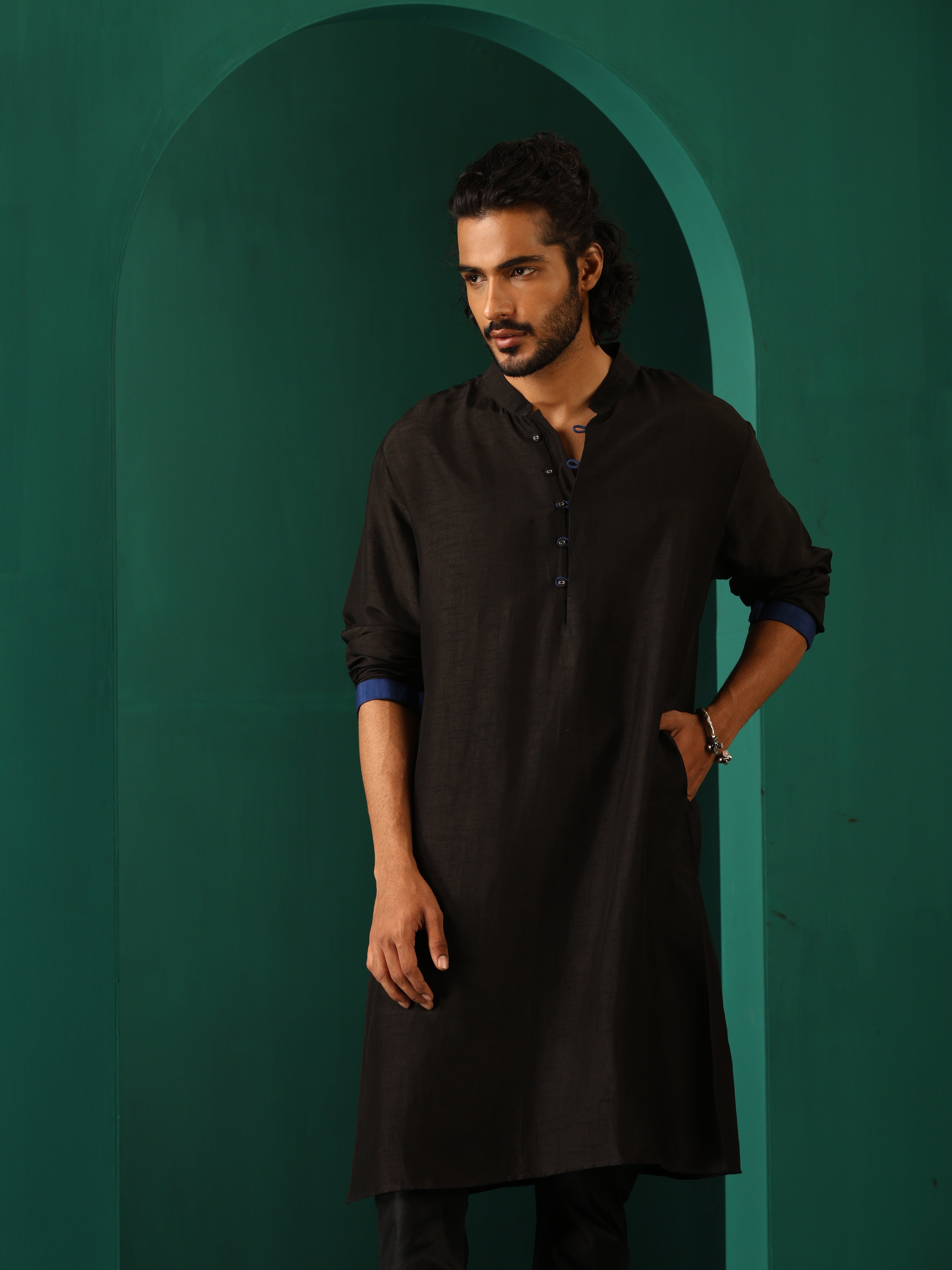 trueBrowns Men Black Silk Long Kurta