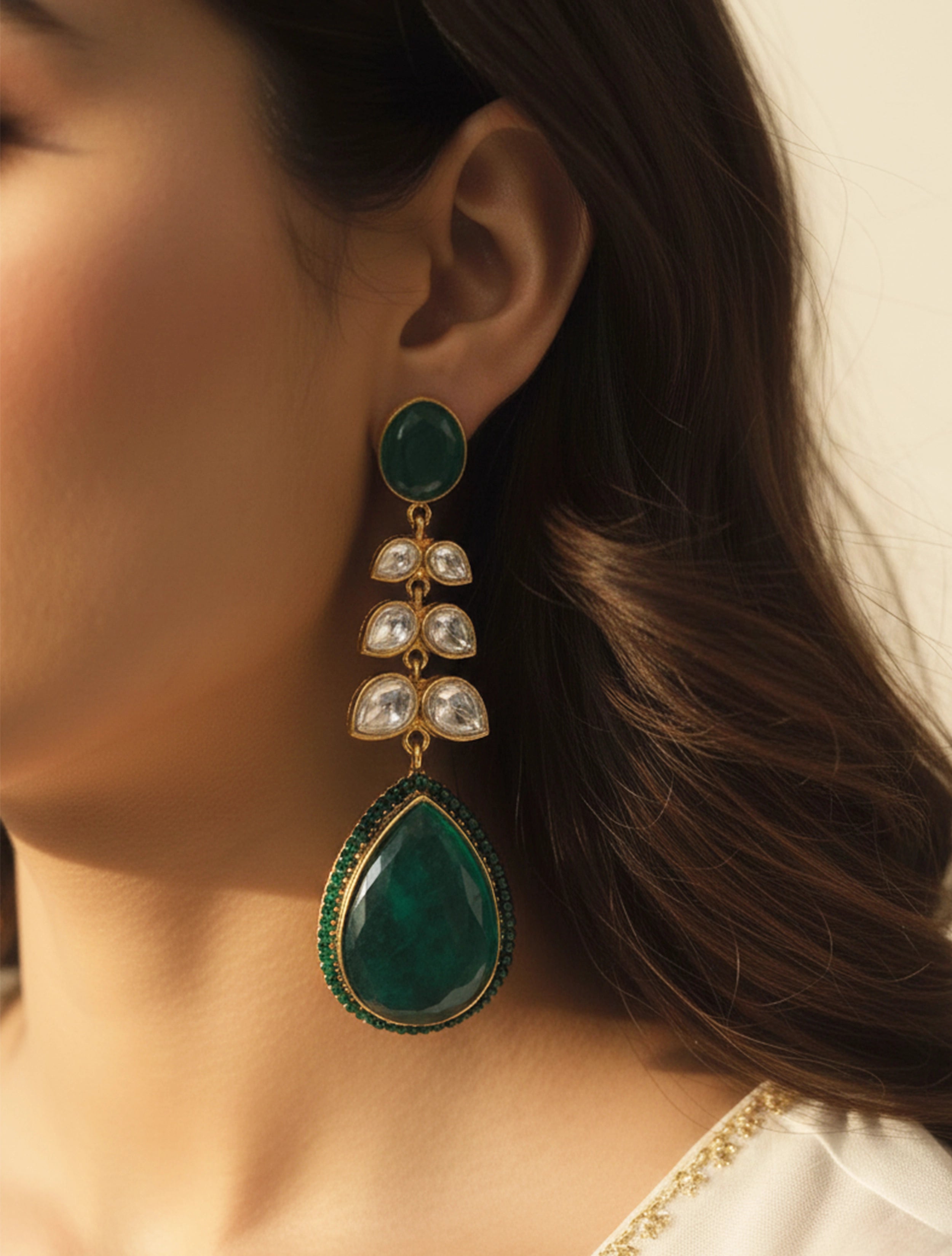 trueBrowns Green White Drop Earrings