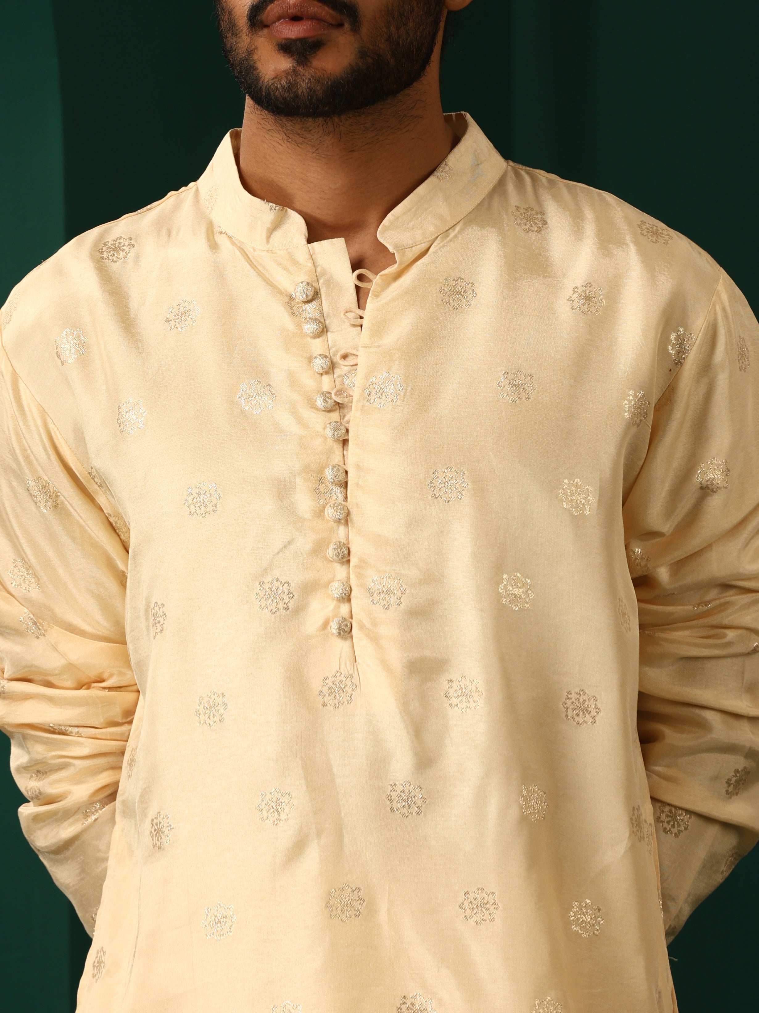 trueBrowns Men Ivory Geometric Floral Viscose Silk Long Kurta