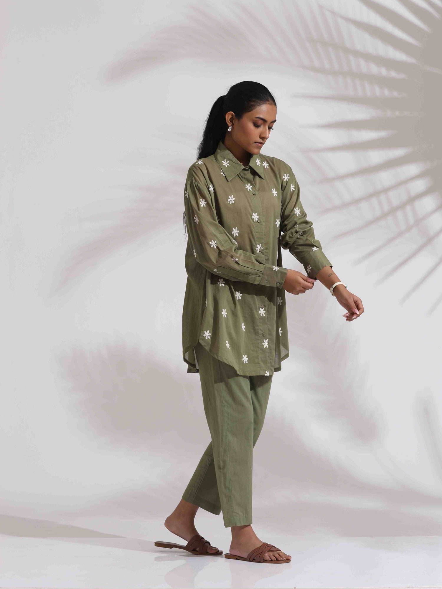 trueBrowns Olive Green Cotton Floral Embroidered Co-ord Set