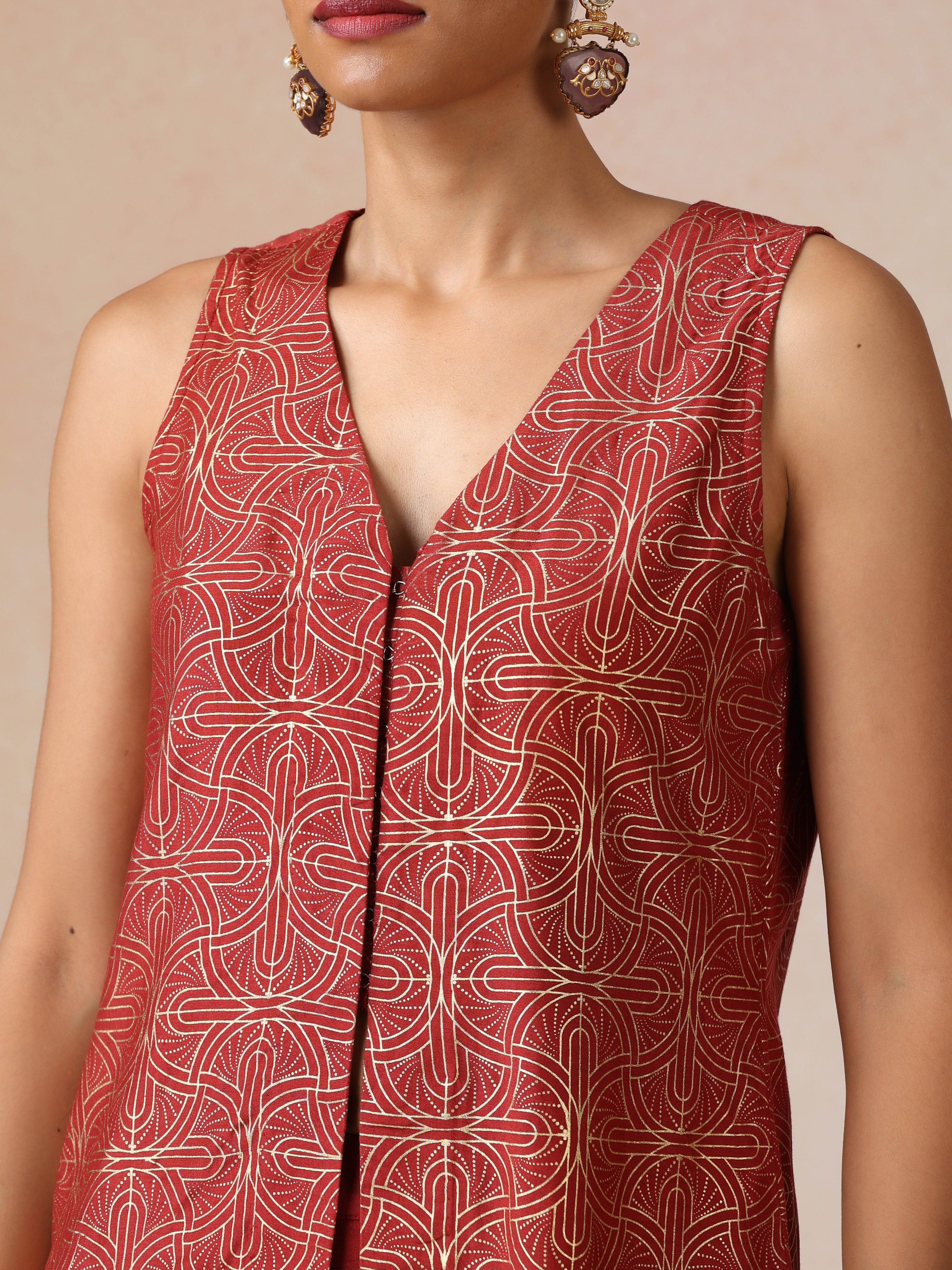 trueBrowns Red Gold Foil Print Jacket and Flared Pants Co-ord Set