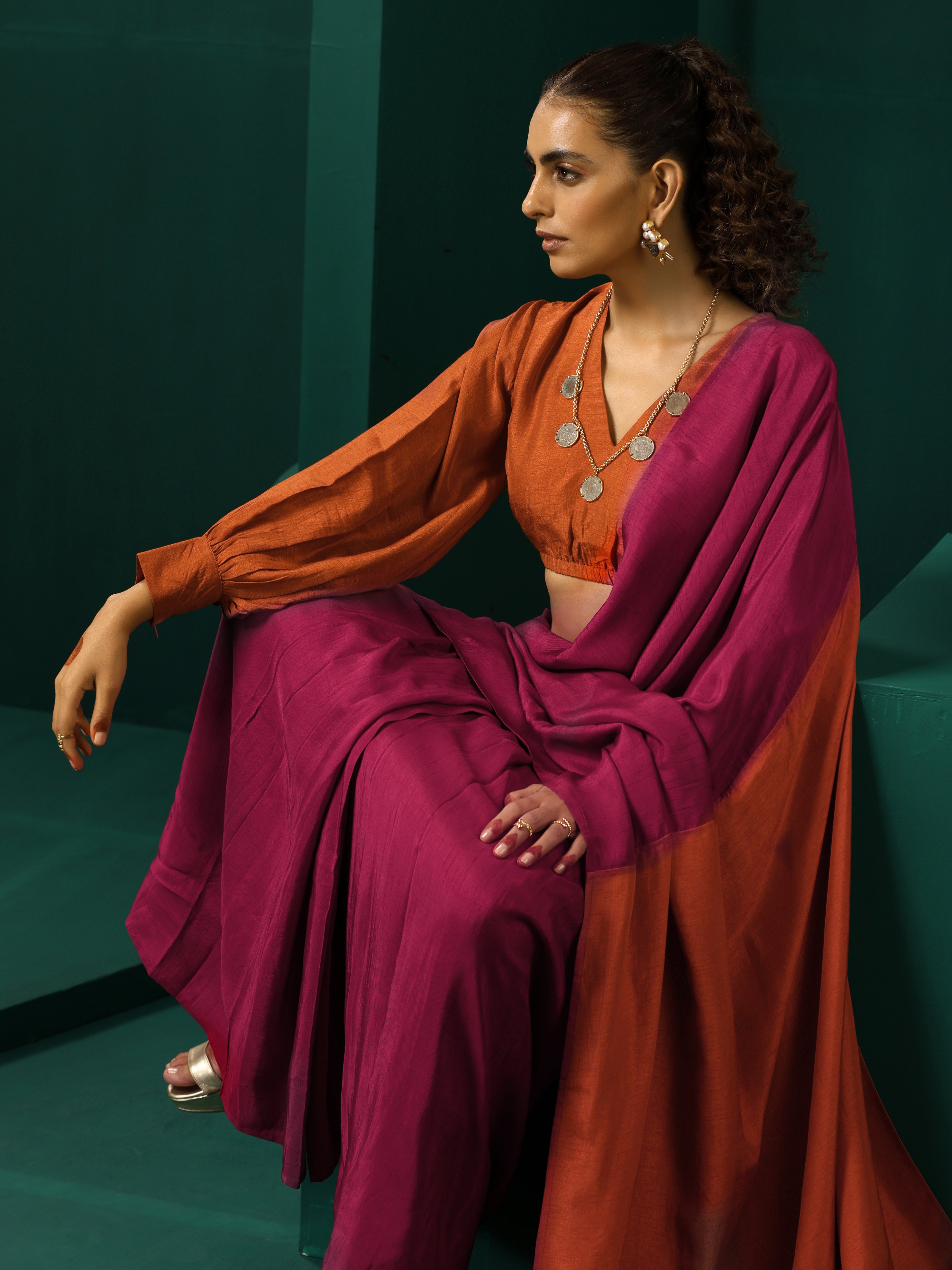 trueBrowns Maroon Rust Silk Ready To Wear Saree