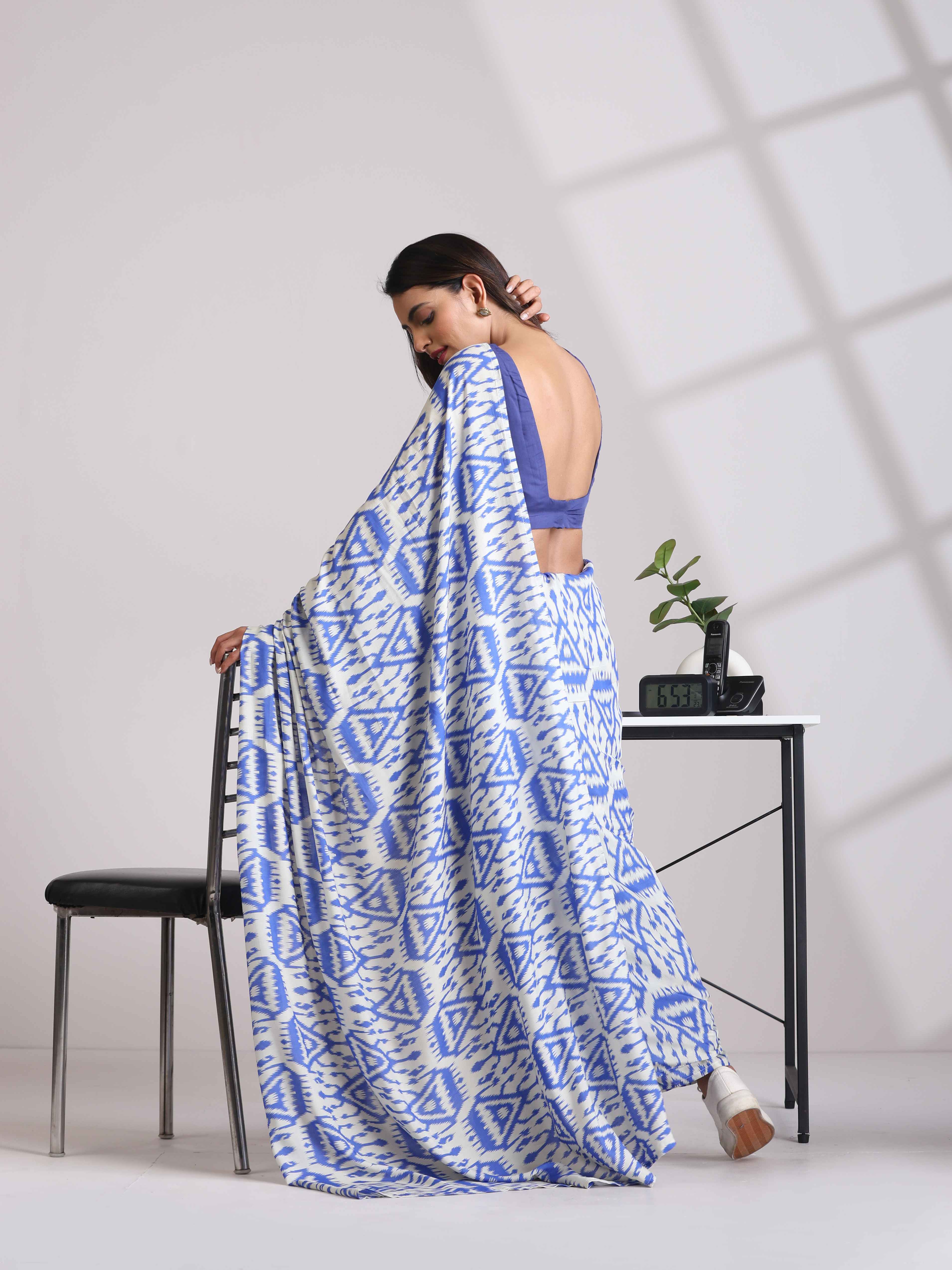 trueBrowns Blue Muslin Ikat Saree
