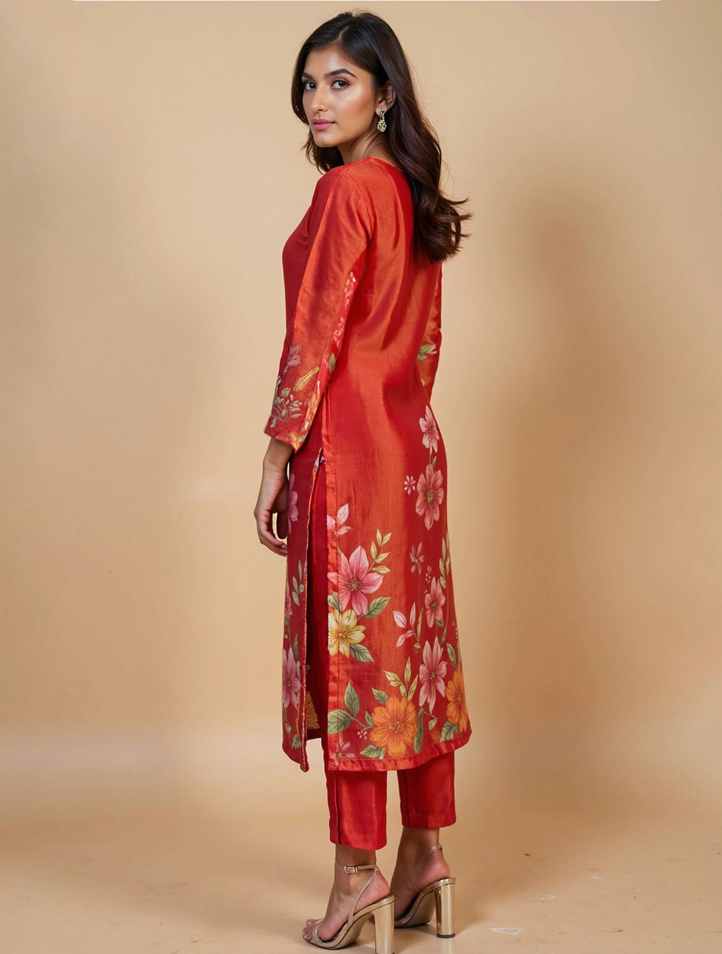 trueBrowns Orange Printed Straight Kurta Pant Dupatta Set