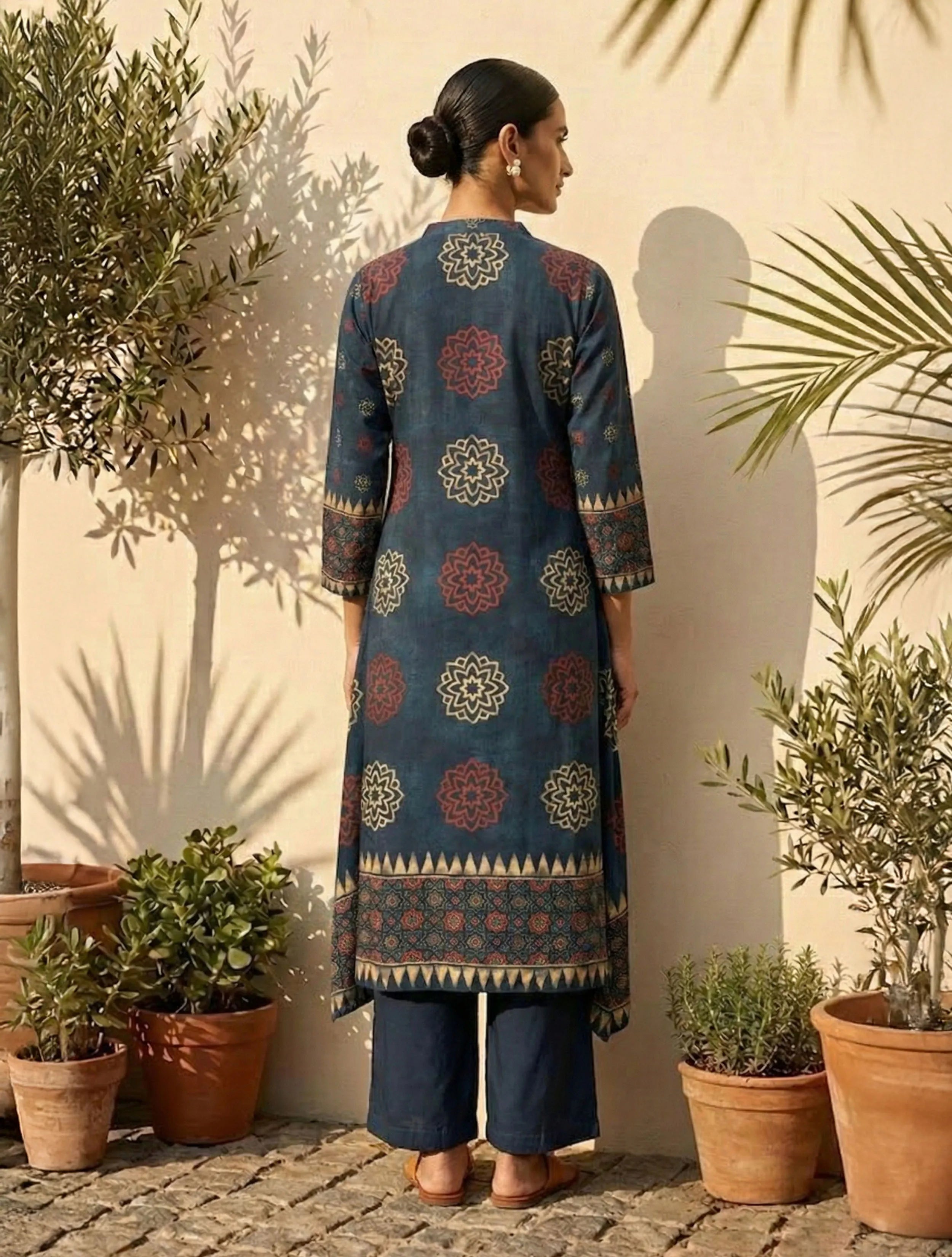 trueBrowns Blue Printed A-Line Kurta Pant Set