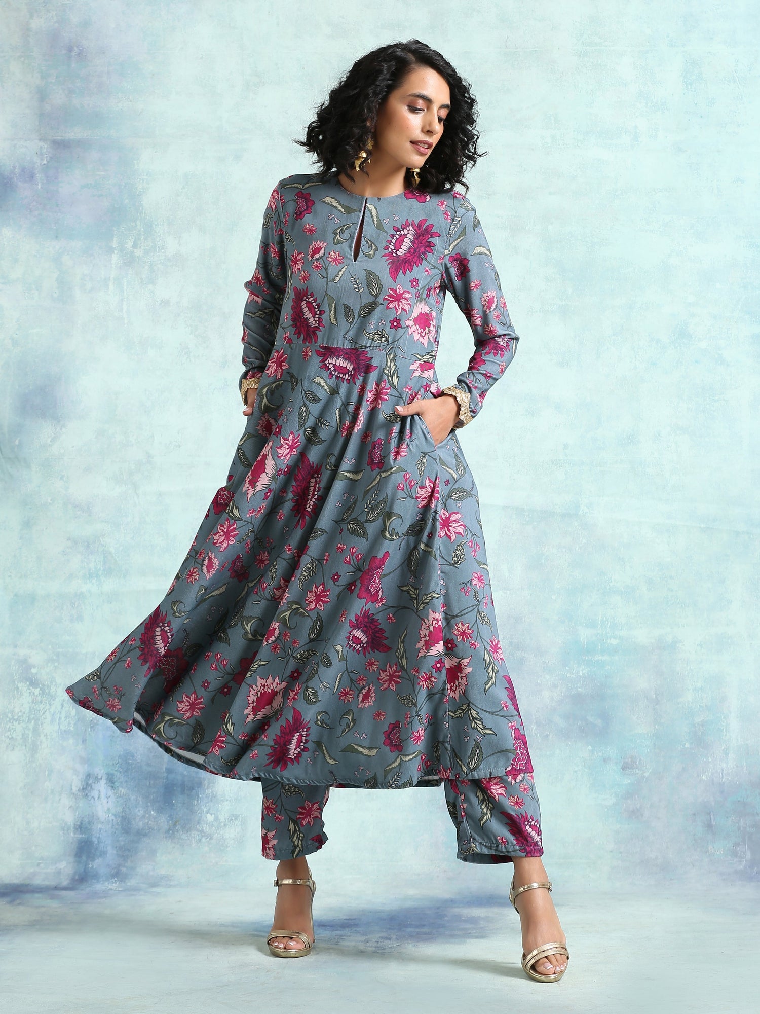 Grey Printed Velvet Anarkali Kurta